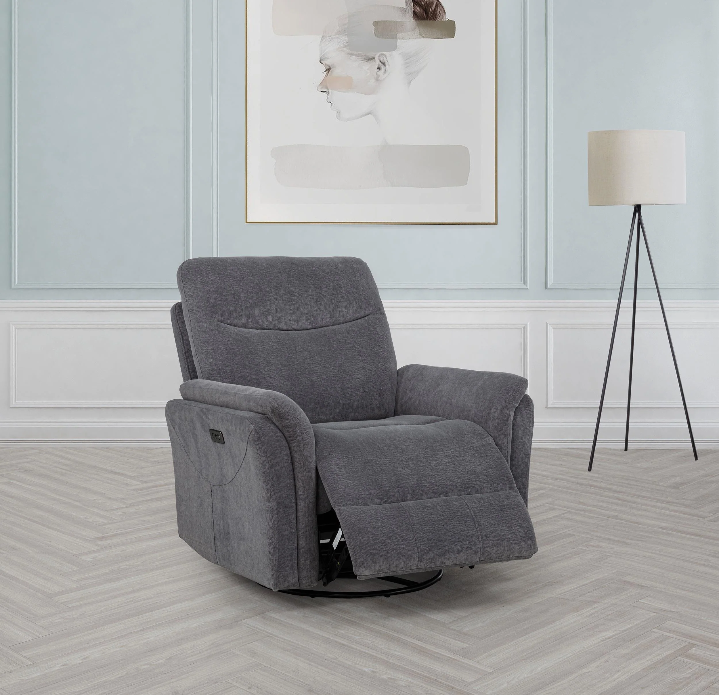 Adler Charcoal Gray Upholstered Power Swivel Glider Recliner - Image 2
