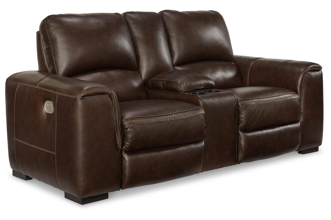 Alessandro Walnut Dual Power Leather Reclining Loveseat with Console - Image 2