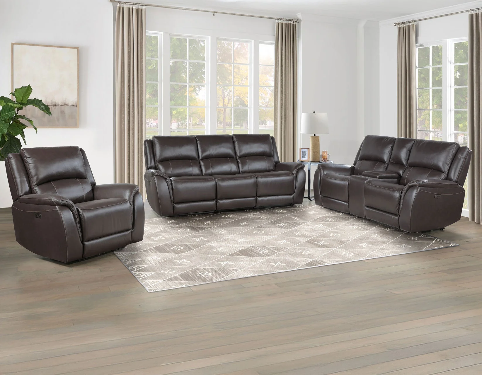 Alexandria Chocolate 3-Piece Top-Grain Leather Power Reclining Set - Image 3
