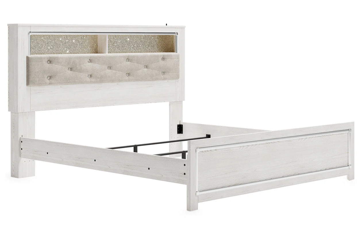 Altyra White King Upholstered LED Bookcase Panel Bed - Image 3
