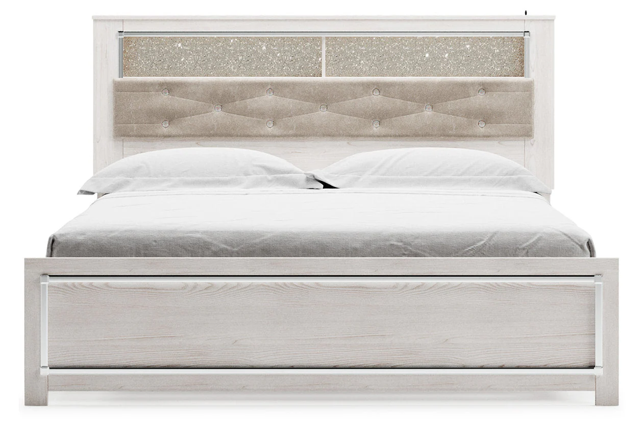 Altyra White King Upholstered LED Bookcase Panel Bed - Image 5