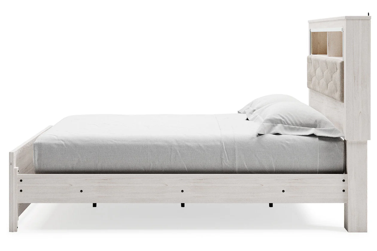 Altyra White King Upholstered LED Bookcase Panel Bed - Image 8