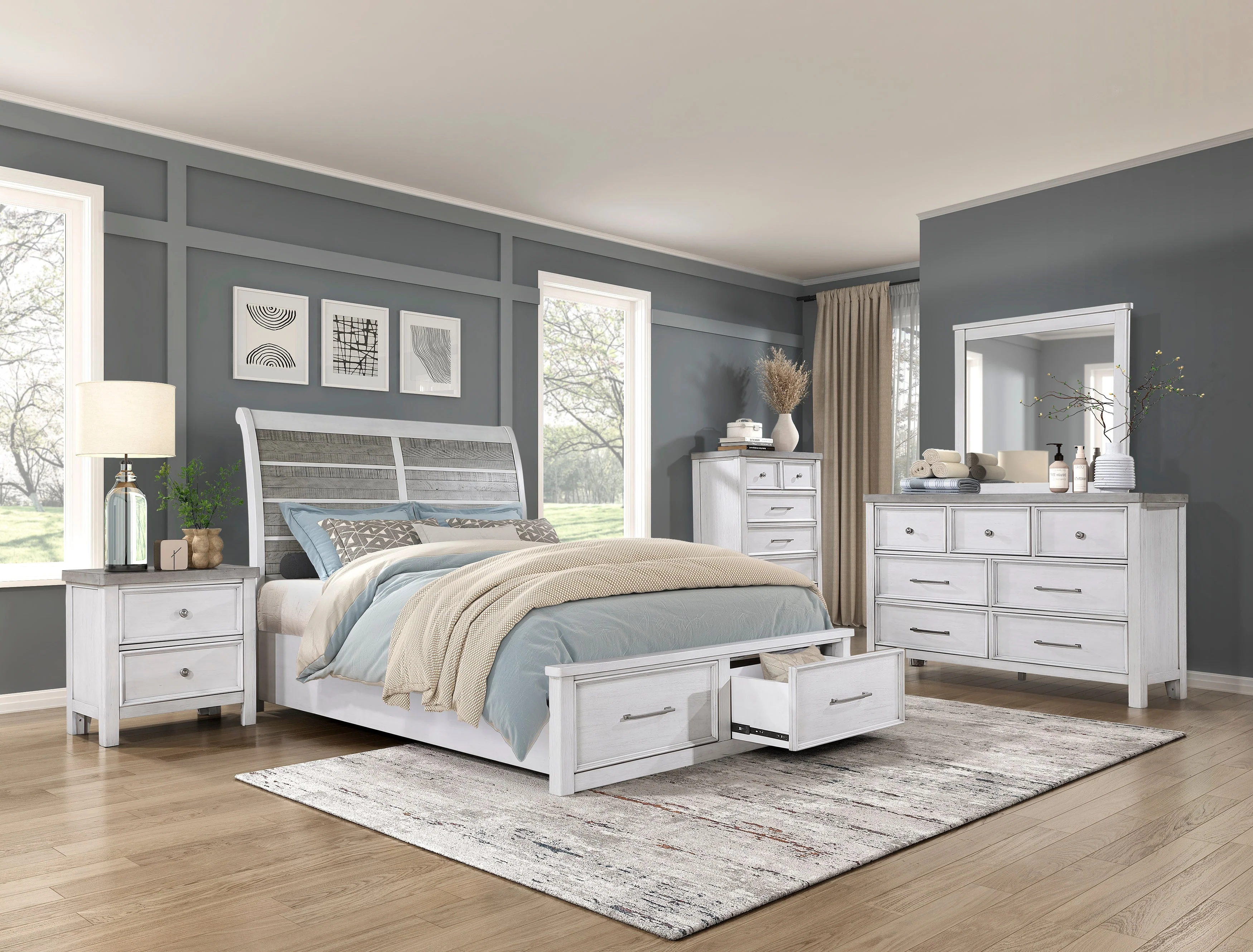 Ambrose Antique White/Gray Storage Platform Bedroom Set