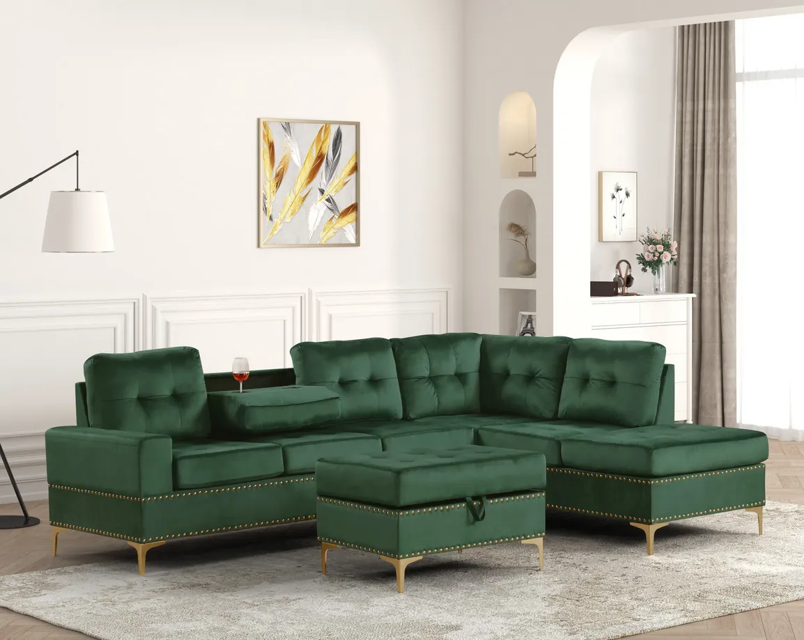 Anserra Green Reversible Sectional with Ottoman