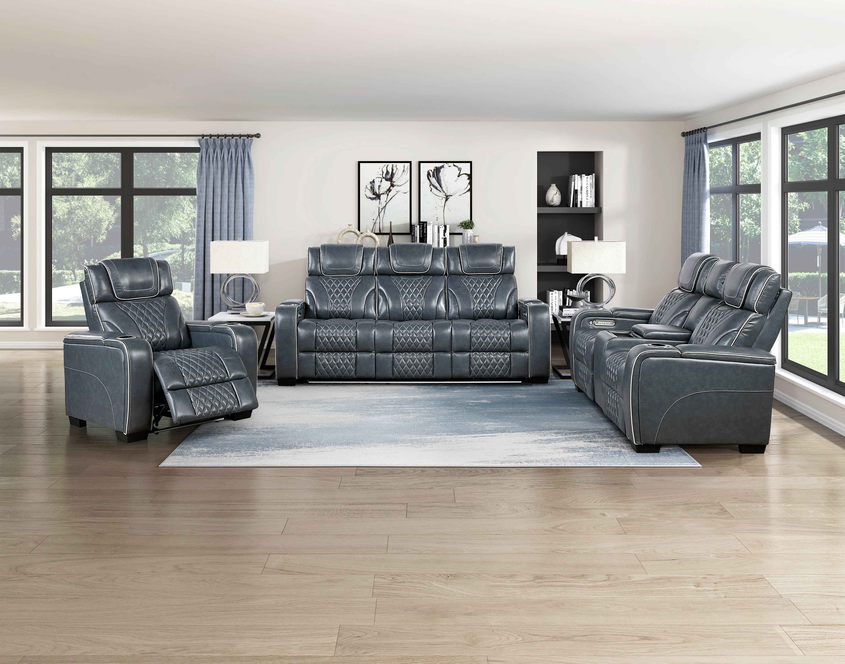 Apex Blue 3-Piece Leather Power Reclining Living Room Sets