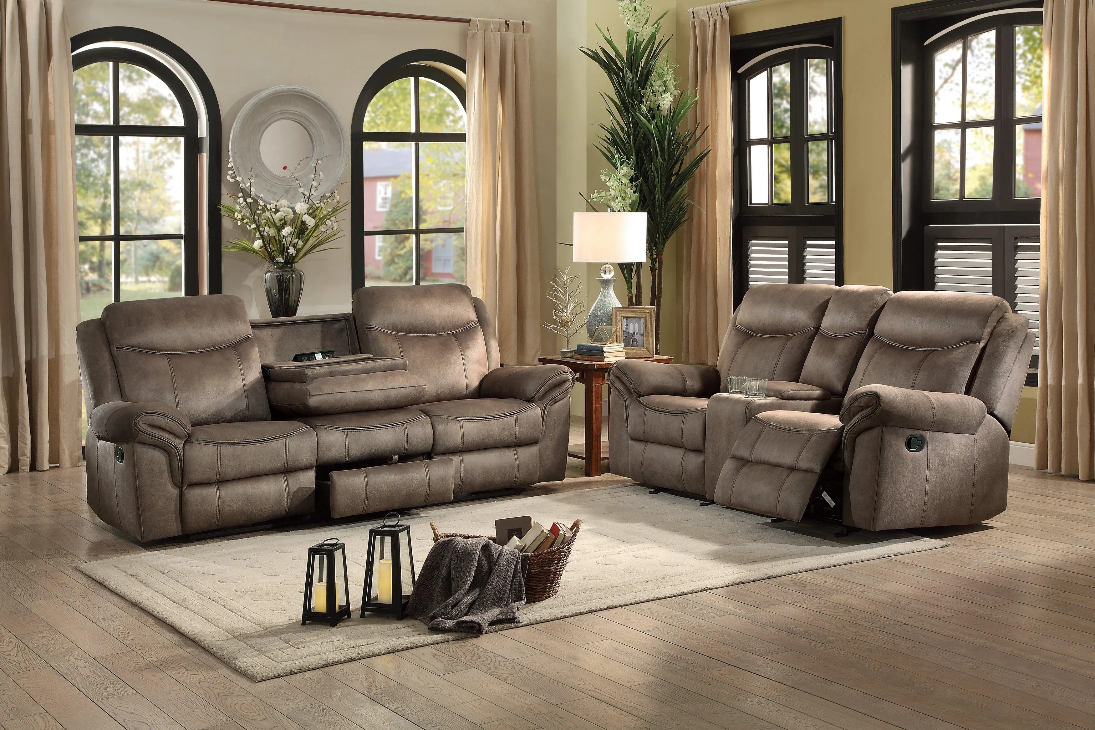 Aram Brown Fabric Double Reclining Sofa - Image 3