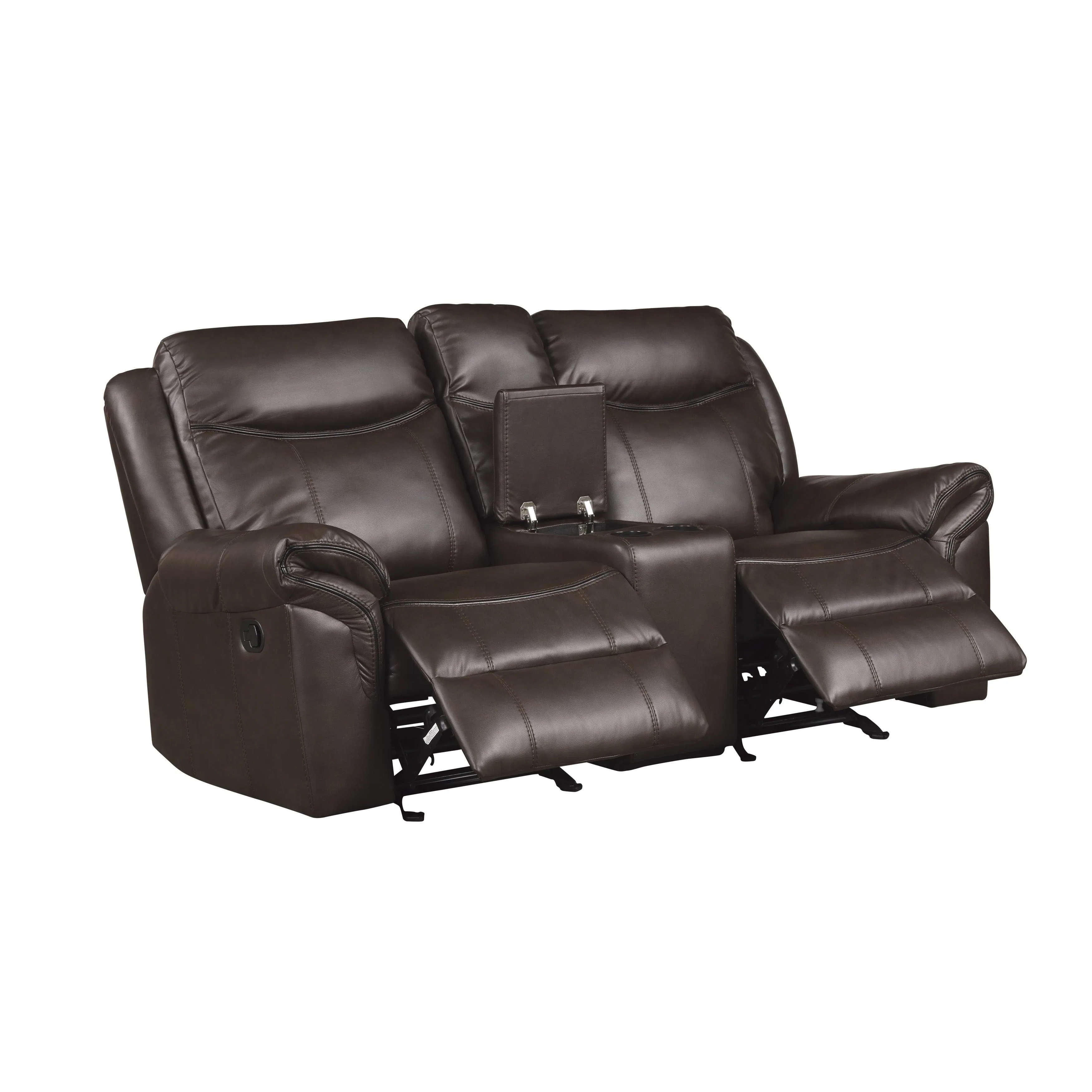 Aram Dark Brown Faux Leather Double Glider Reclining Loveseat with Center Console, Receptacles and USB Ports - Image 5