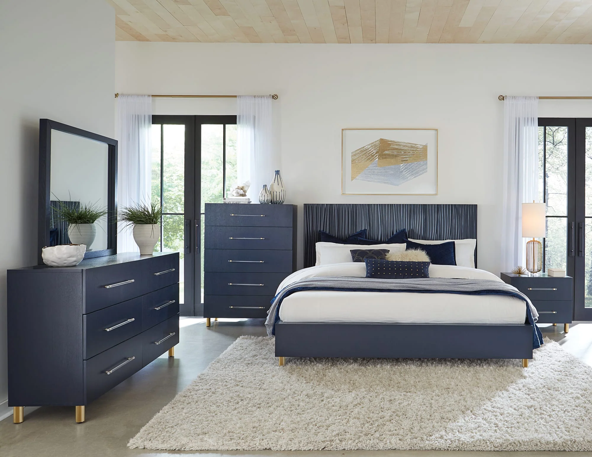 Argento Navy Blue/Burnished Brass Two Drawer USB Charging Nightstand - Image 6