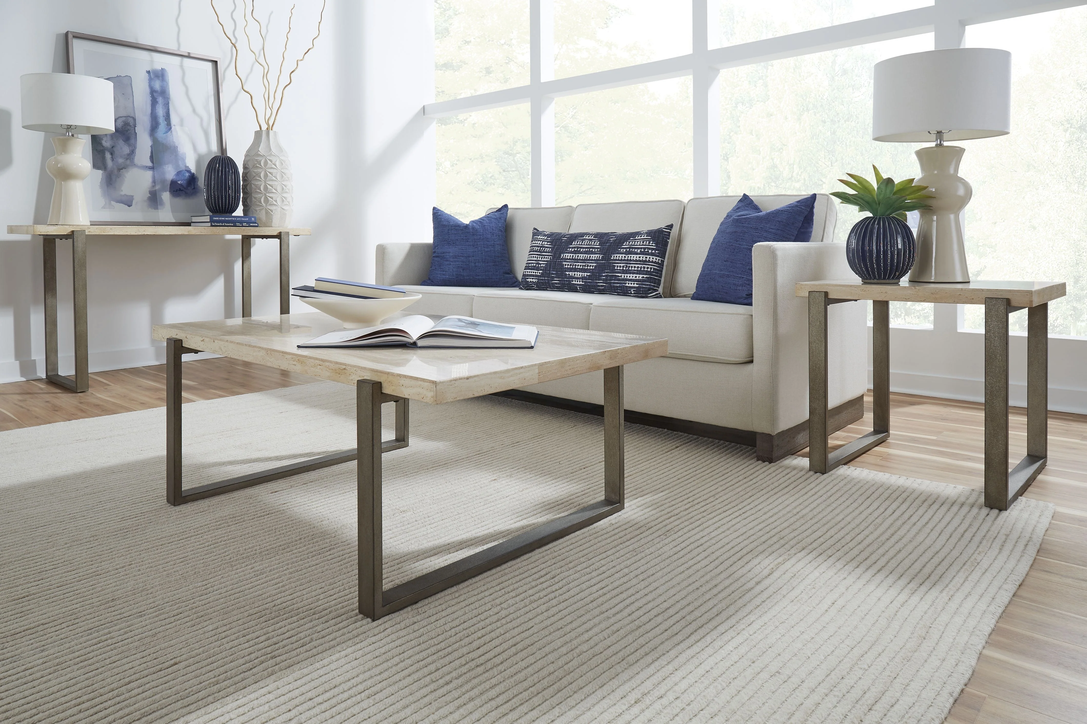Ariela Natural Travertine Coffee Table with Bronze Metal Base - Image 2