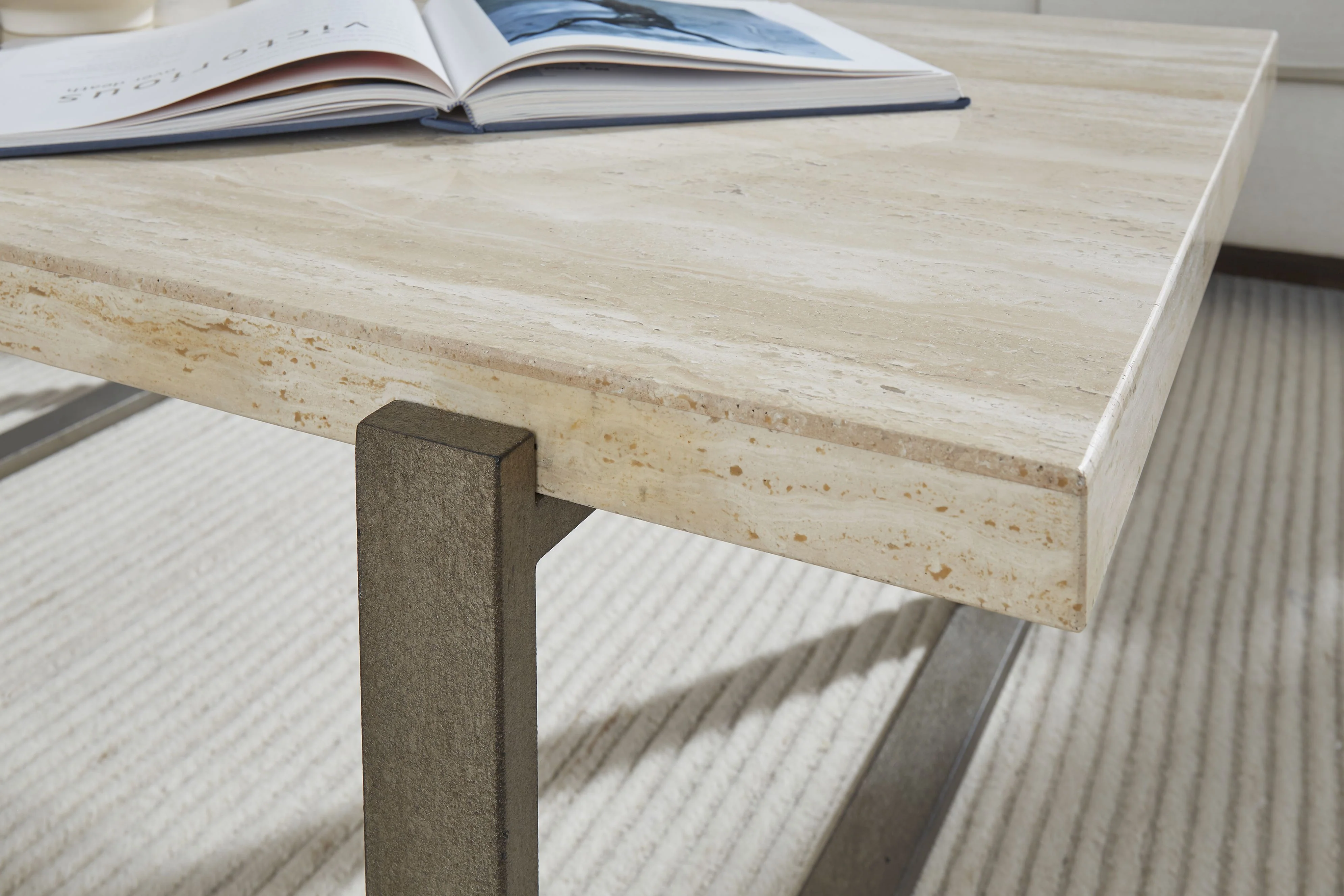 Ariela Natural Travertine End Table with Bronze Metal Base - Image 3