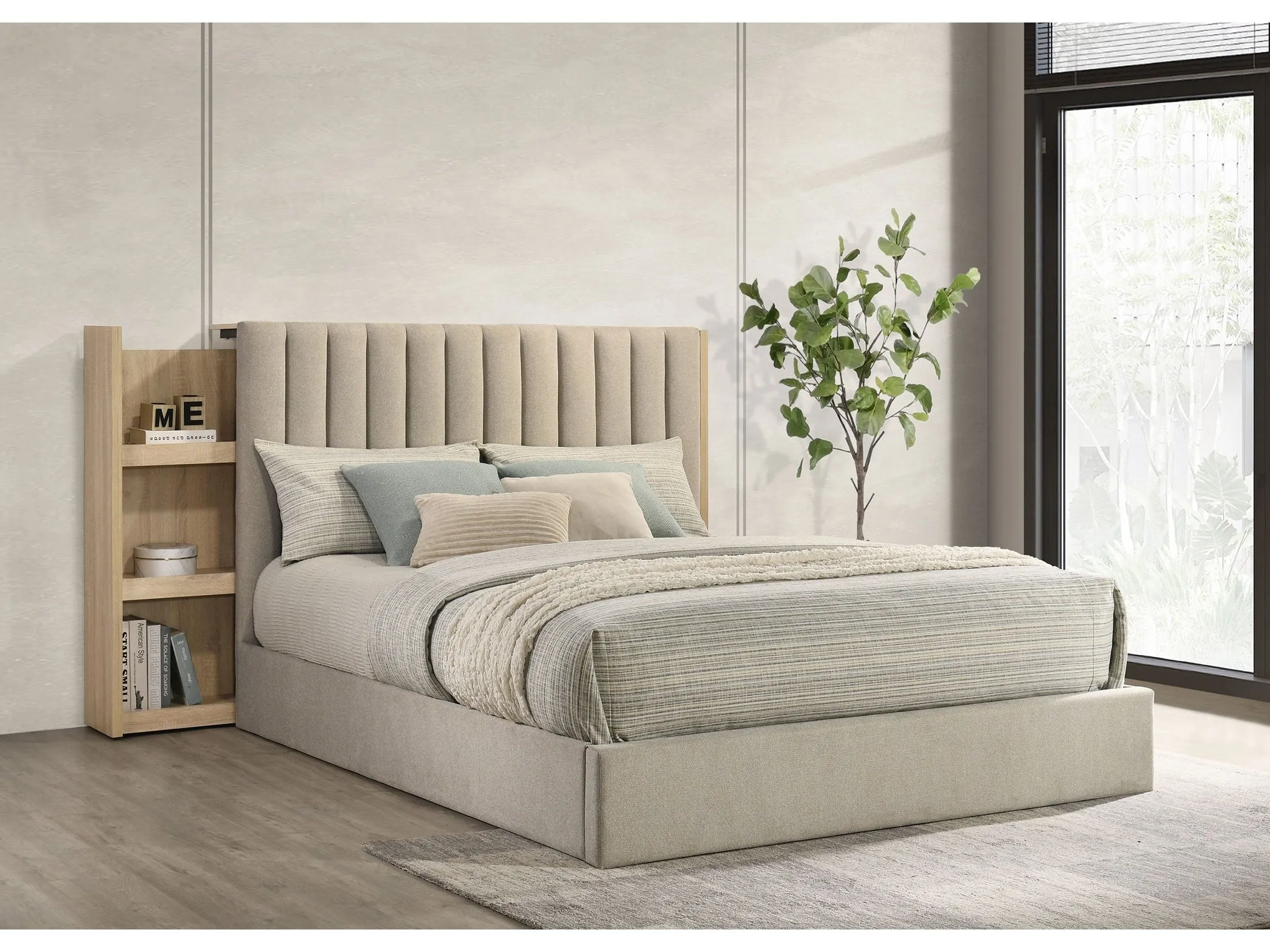 Arielle Light Oak Queen Bookcase Panel Storage Bed