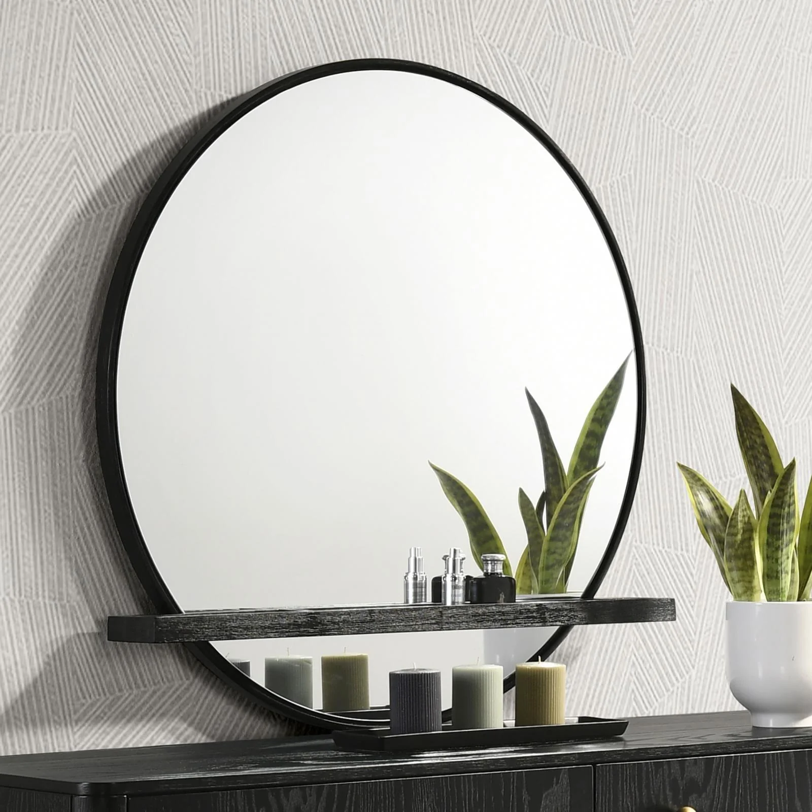 Arini Black Round Dresser Mirror with Shelf