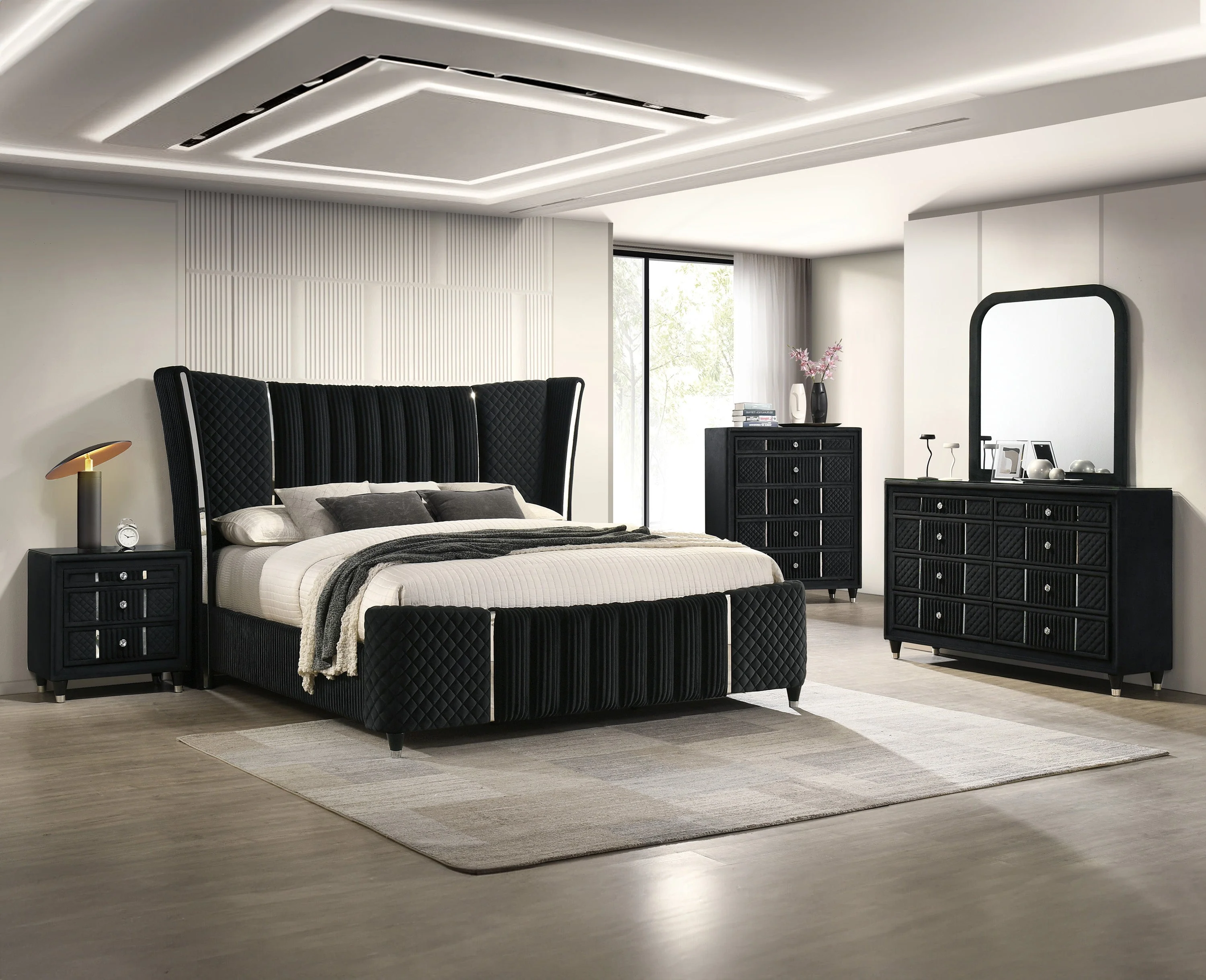 Armany Black Upholstered Wingback Panel Queen Bed - Image 4