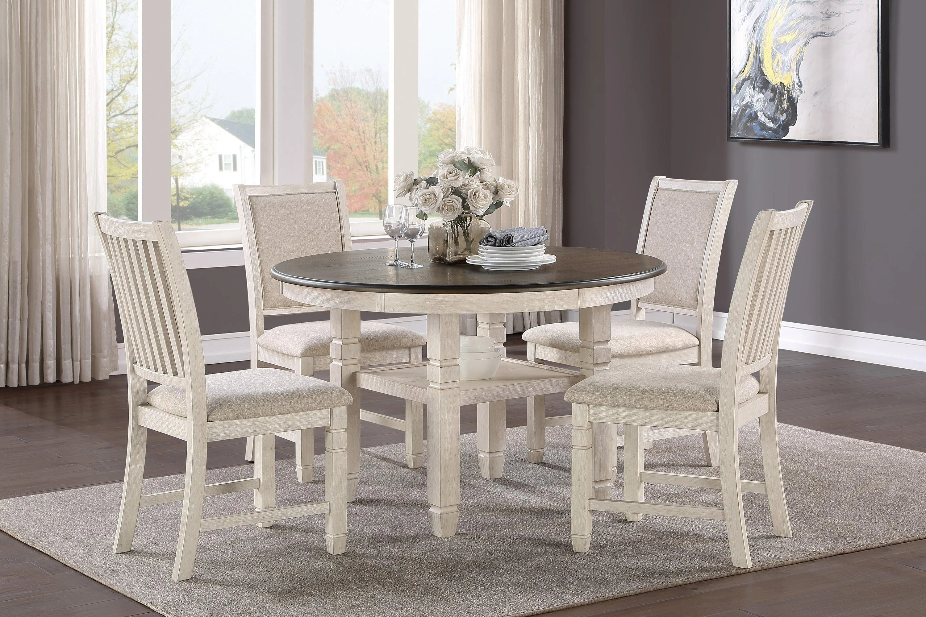 Asher Antique White/Brown Round Dining Table - Image 2