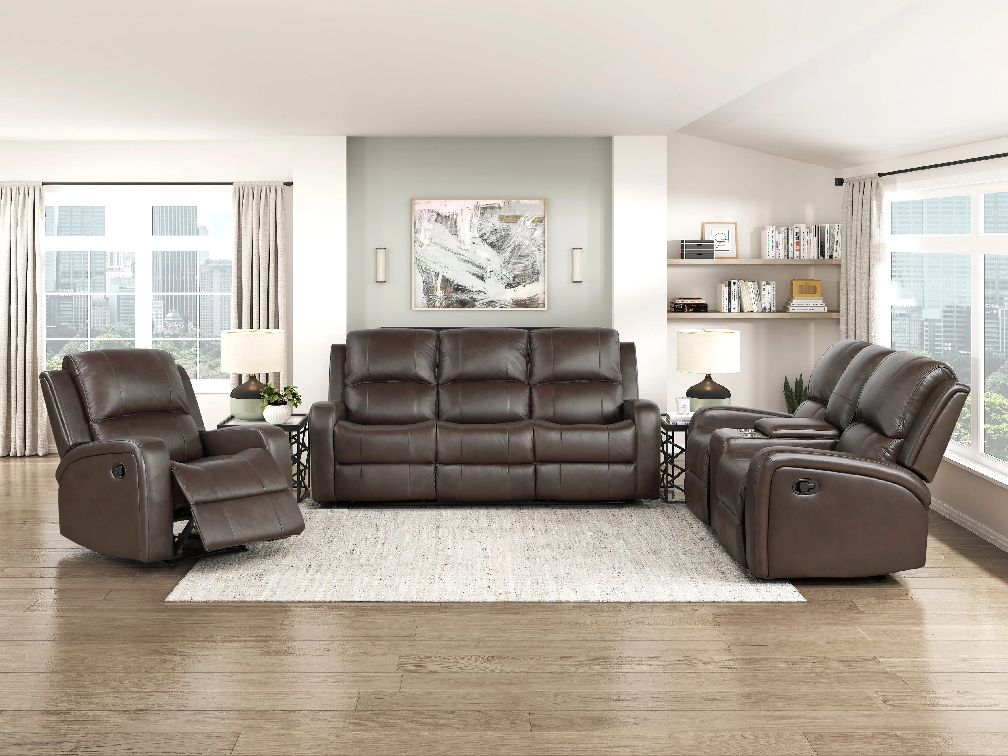 Austin Brown Genuine Leather Double Reclining Loveseat with Center Console - Image 8