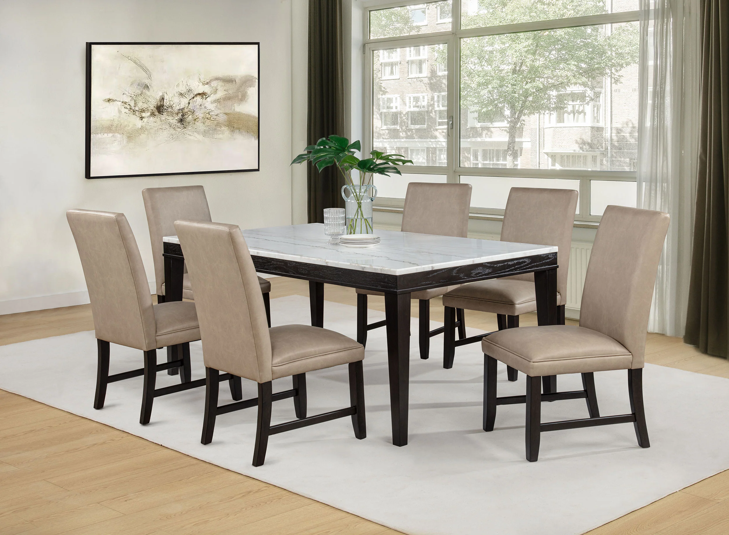 Averill Tan and Coffee Bean 7-piece White Marble Top Dining Set