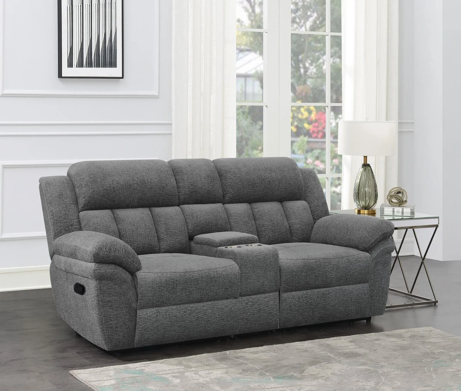 Bahrain Charcoal Upholstered Motion Loveseat with Console - Image 16