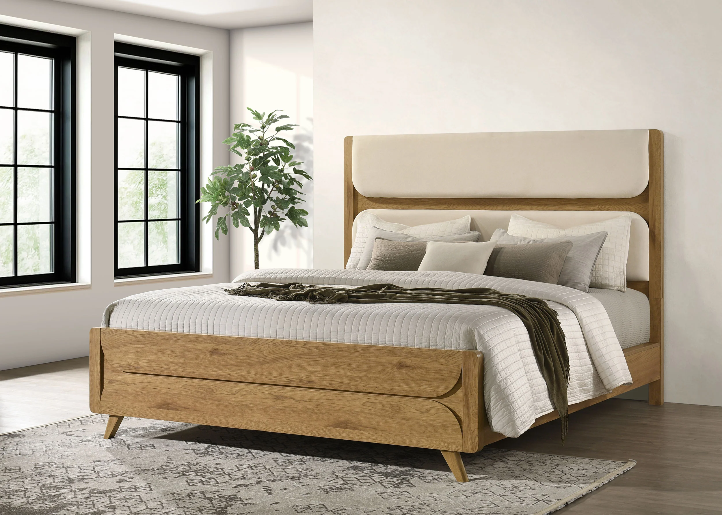 Bennett Cream and Light Oak 62-inch Eastern King Upholstered Panel Bed