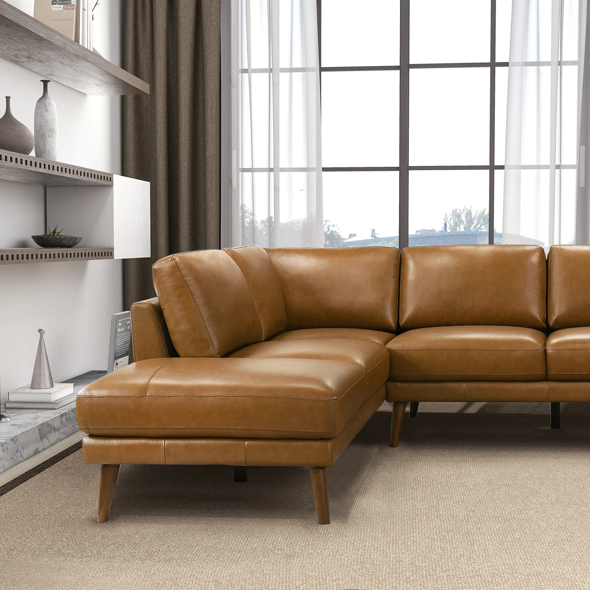 Benson Tan Leather Sectional Sofa Left Facing Chaise - Image 5