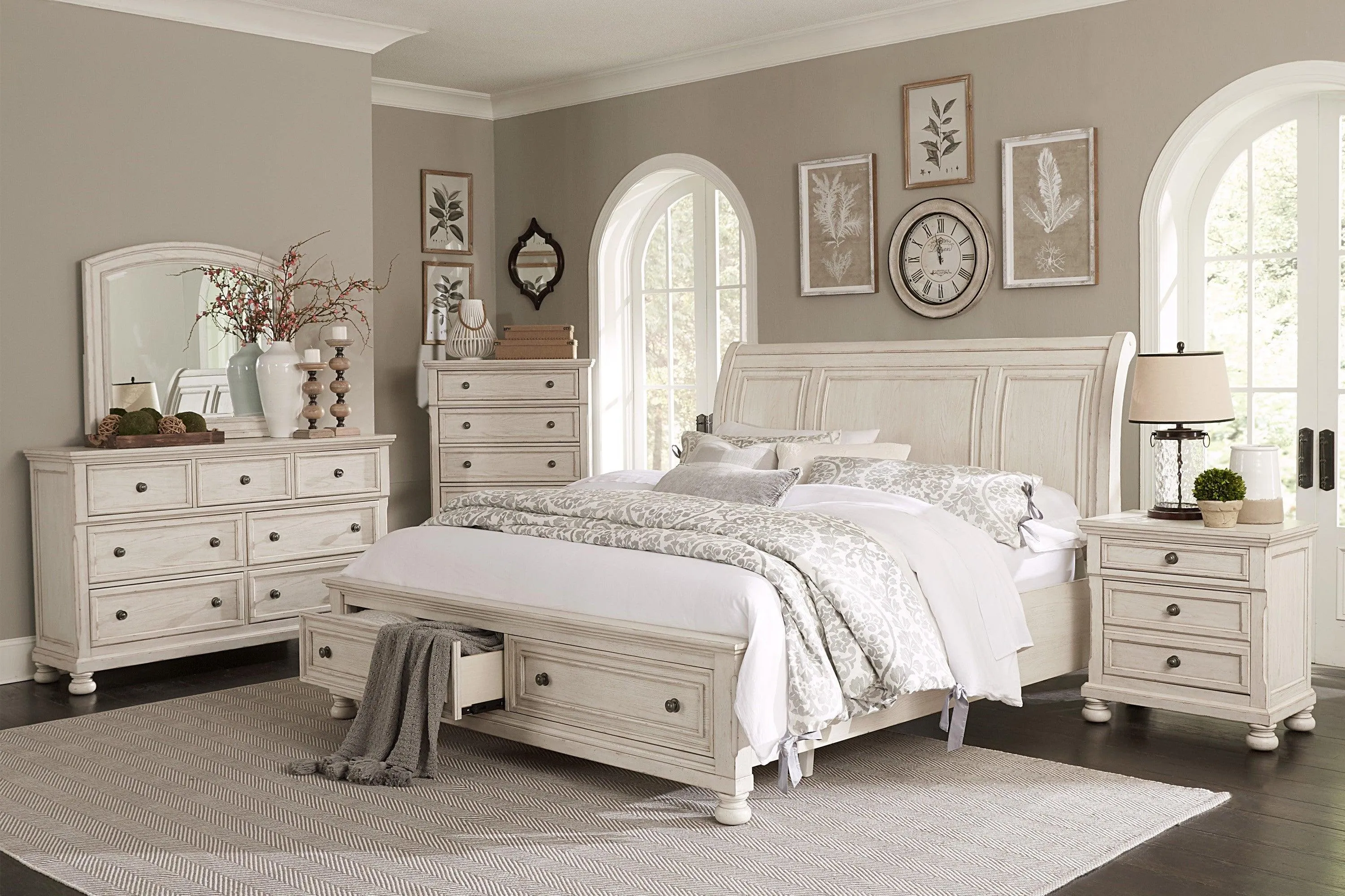 Bethel Wire Brushed White King Sleigh Storage Platform Bed - Image 2