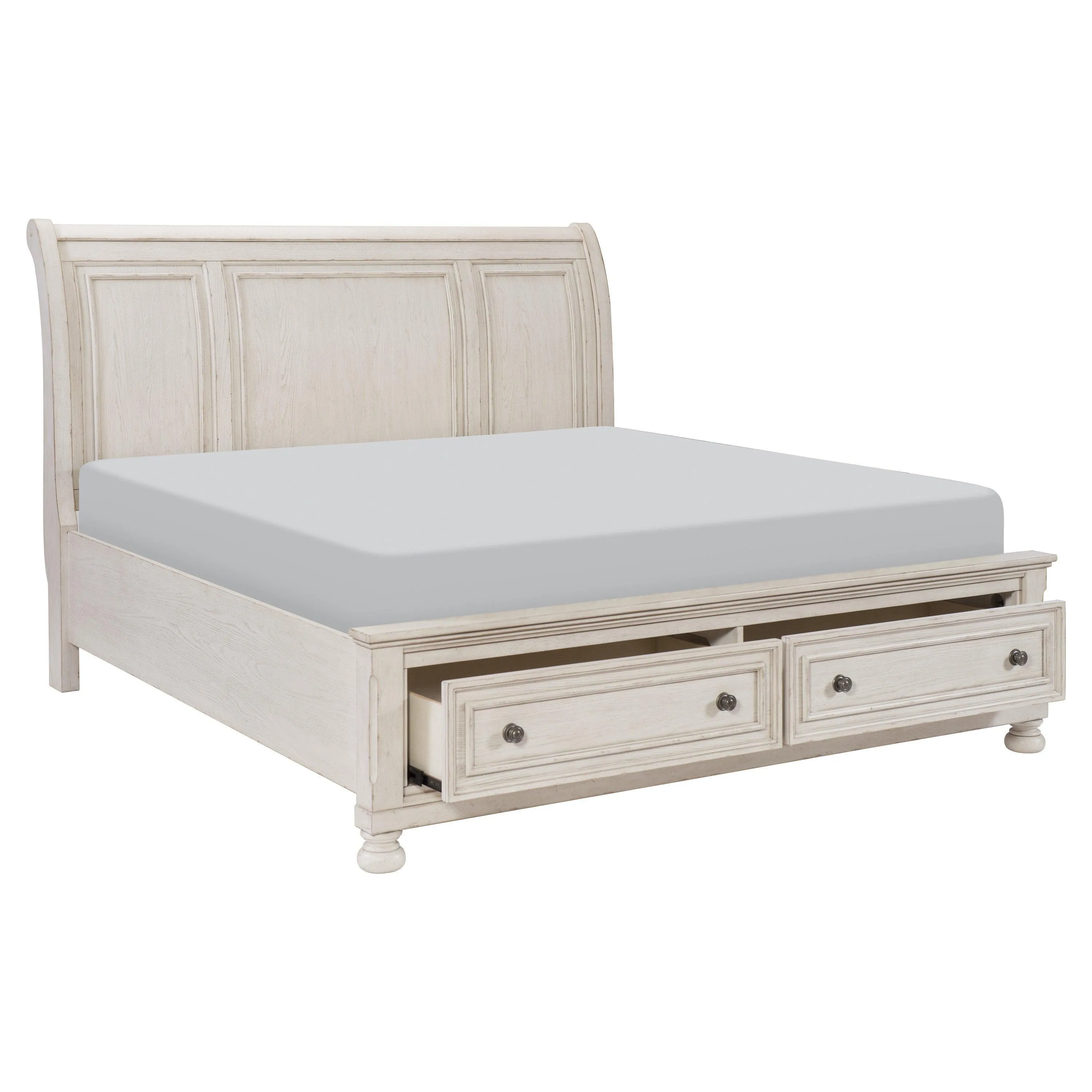 Bethel Wire Brushed White King Sleigh Storage Platform Bed - Image 4