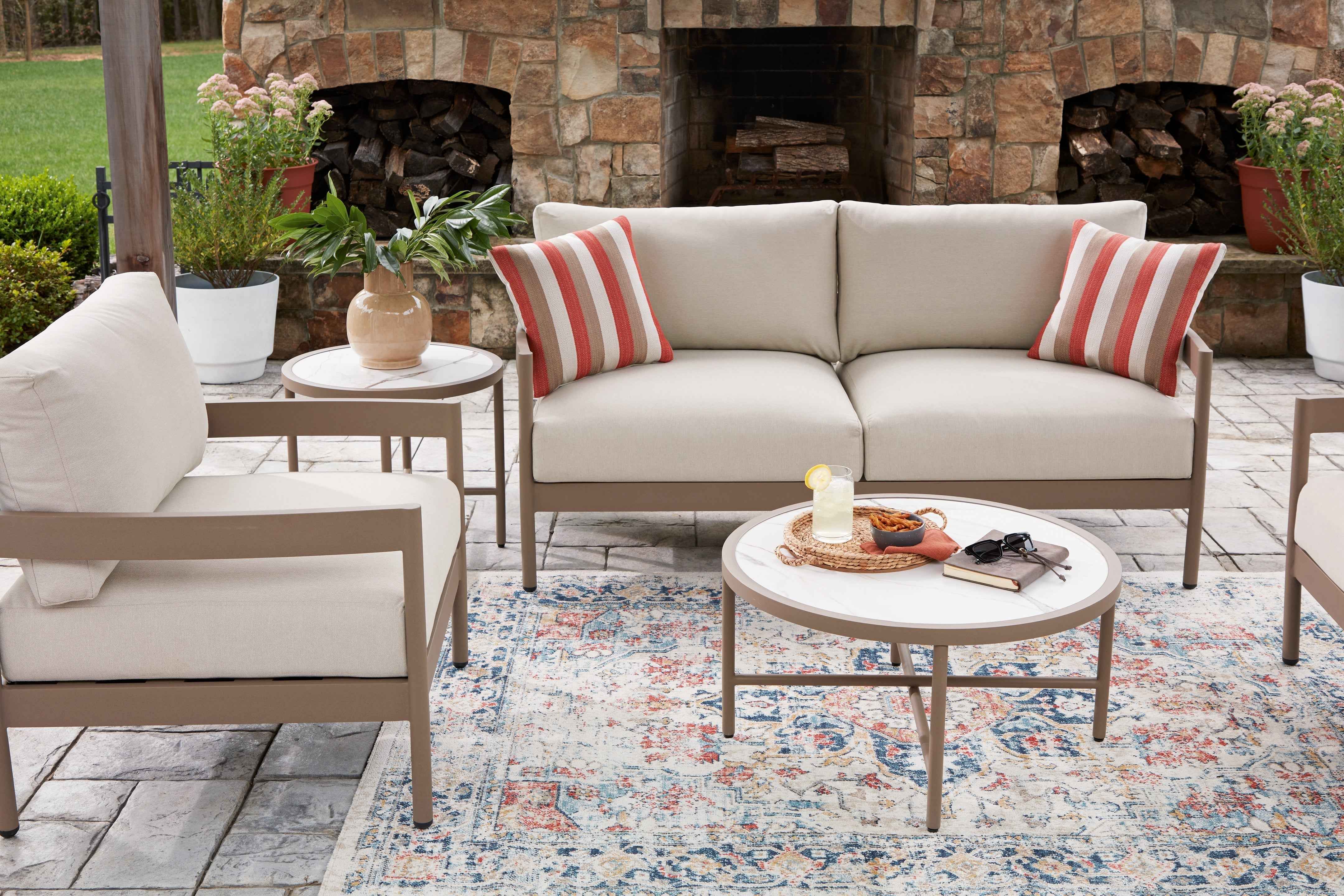 Bluff Trail Beige Outdoor Loveseat/Chairs/Tables Set (Set of 5) - Image 6