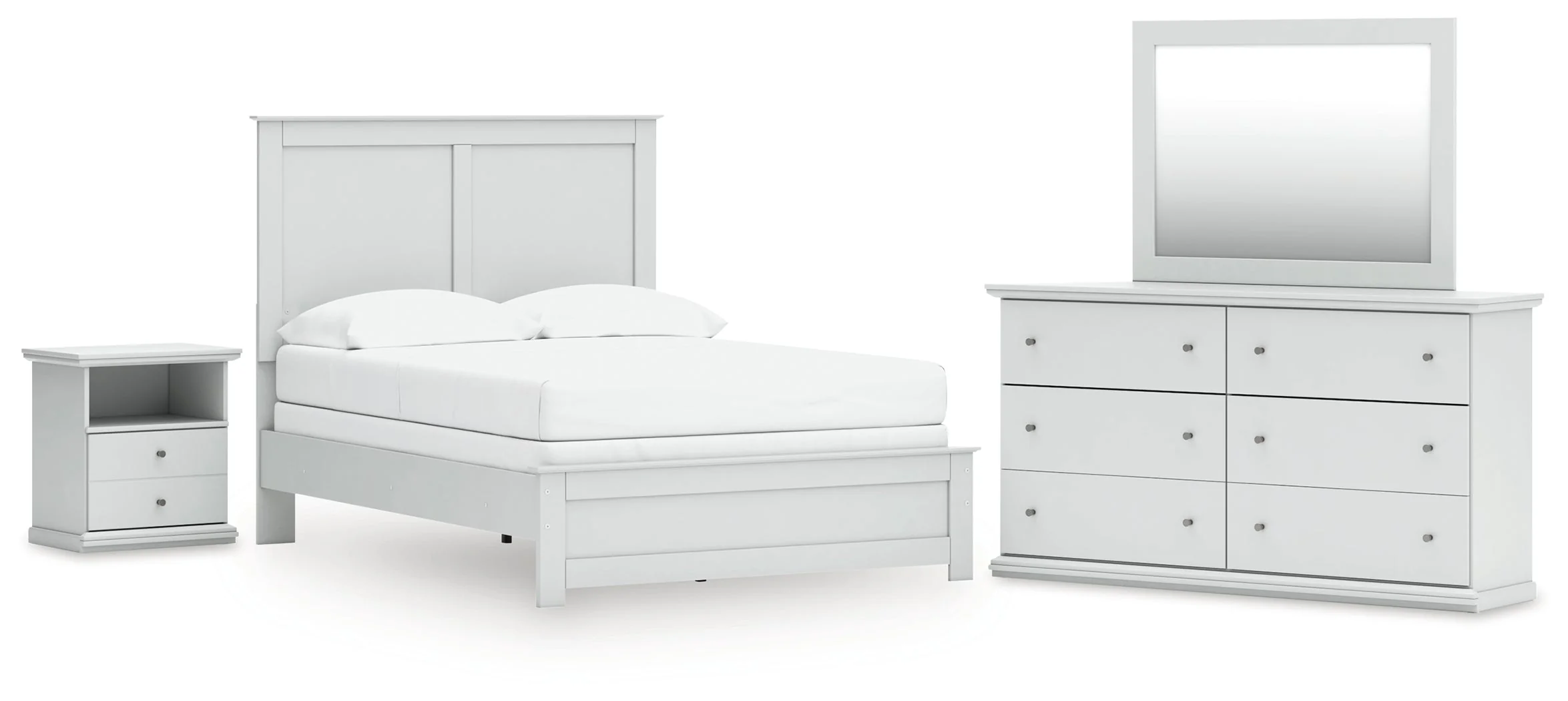 Bostwick Shoals Full Panel Bed with Mirrored Dresser and Nightstand in White