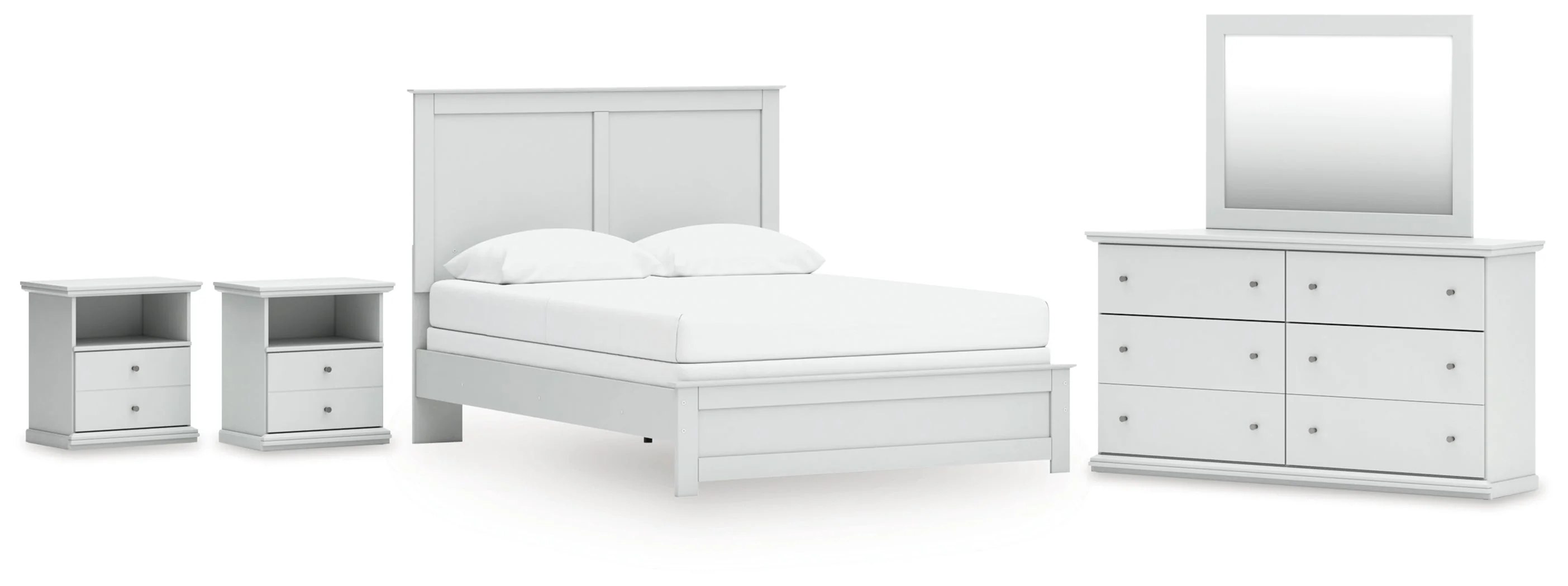 Bostwick Shoals Queen Panel Bed with Mirrored Dresser and 2 Nightstands in White