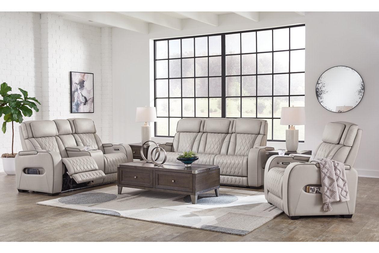 Boyington Gray Dual Power Leather Power Reclining Sofa, Loveseat and Recliner
