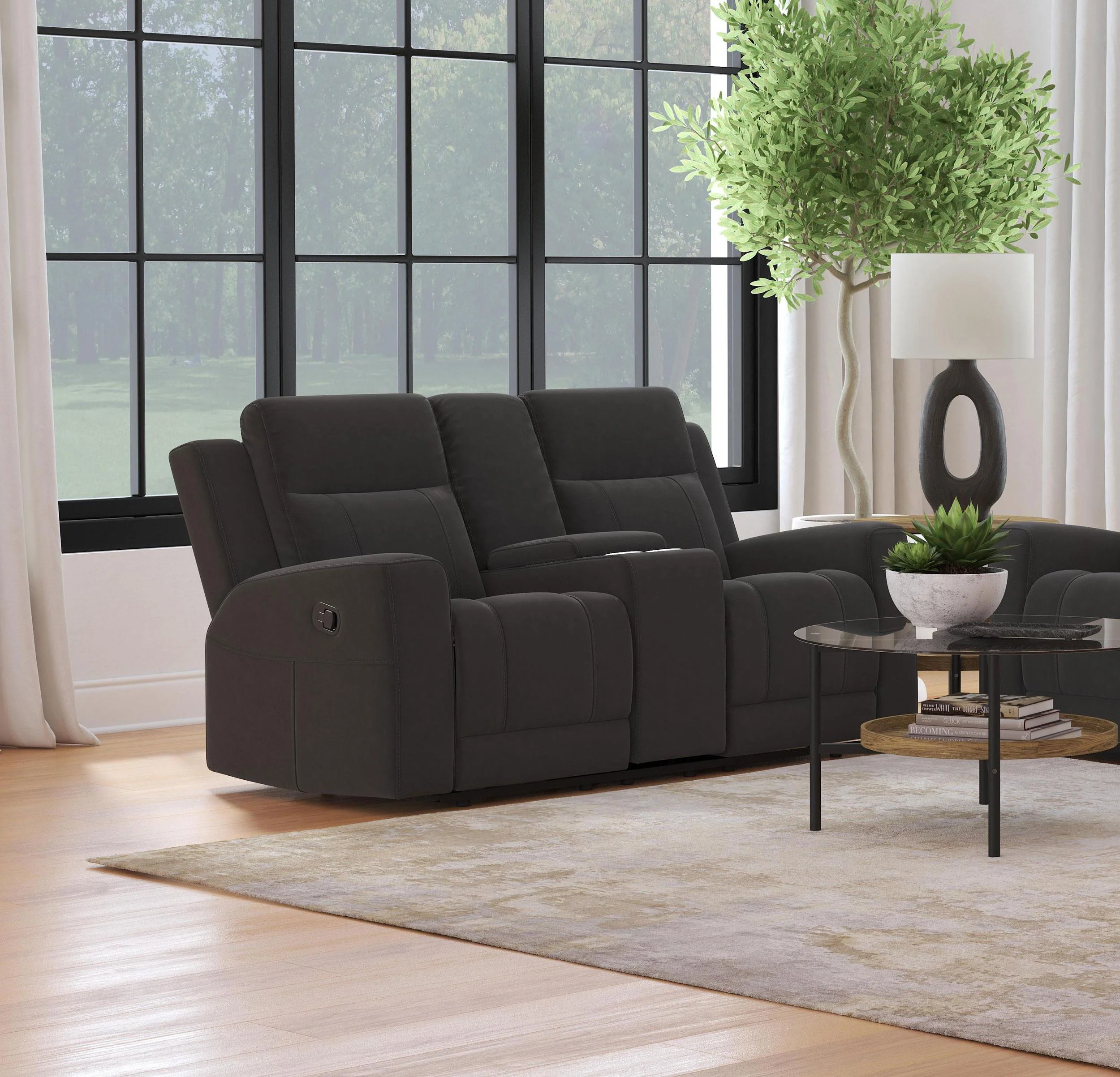 Brentwood Dark Charcoal Upholstered Motion Reclining Loveseat with Console