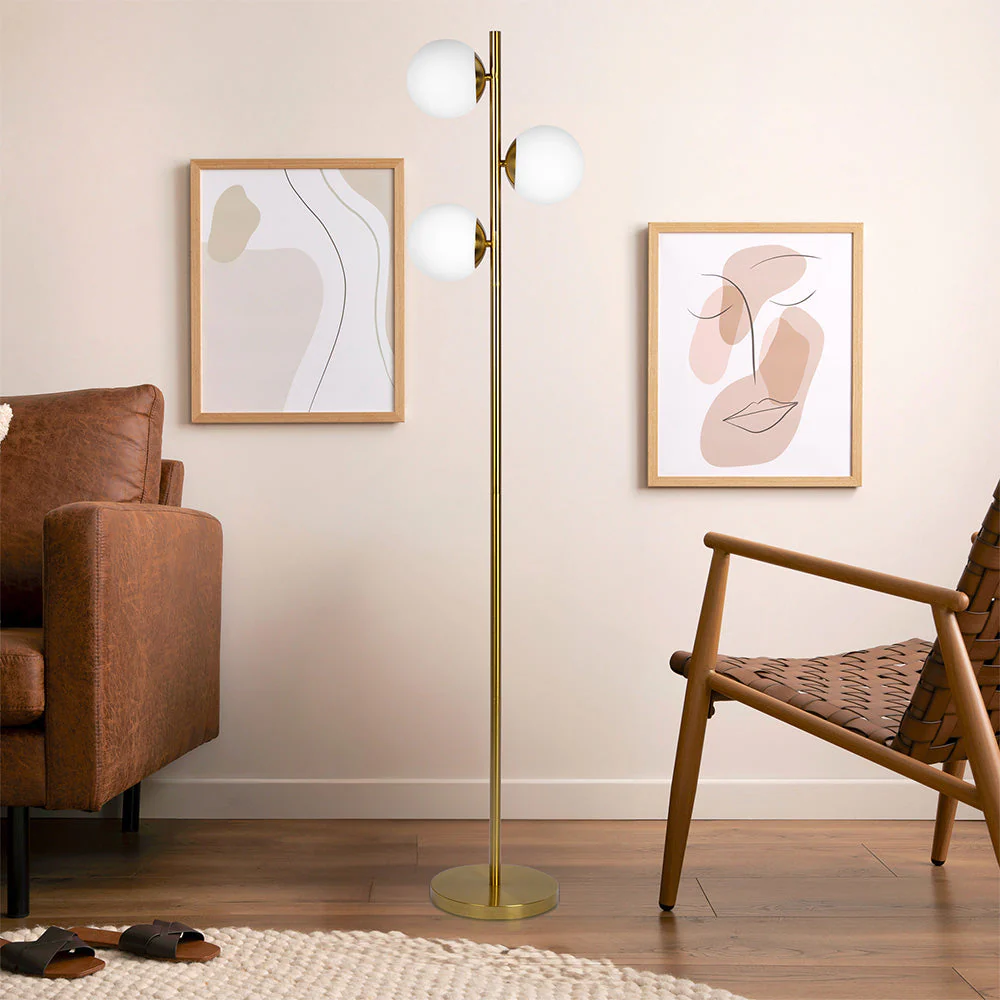 Brilliance Modern Gold Brush Floor Lamp, Opal Glass Shades and Round Metal Base - Image 2