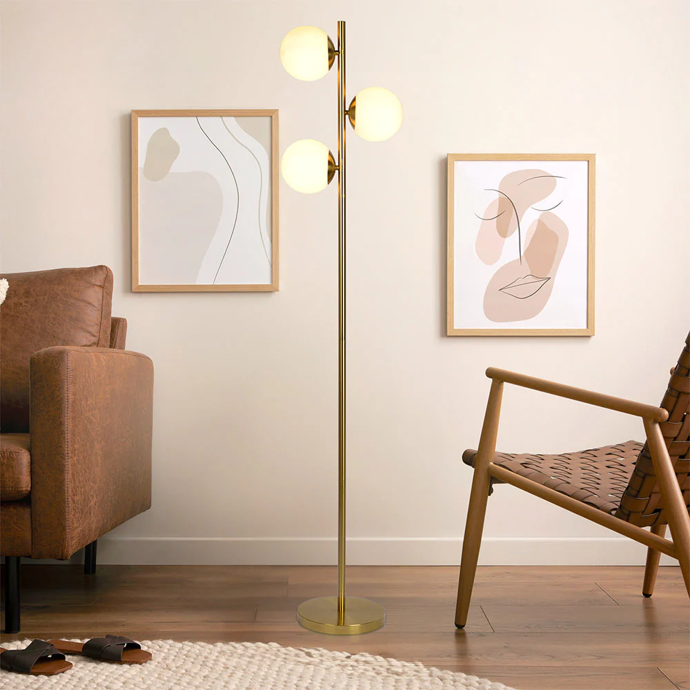 Brilliance Modern Gold Brush Floor Lamp, Opal Glass Shades and Round Metal Base - Image 4