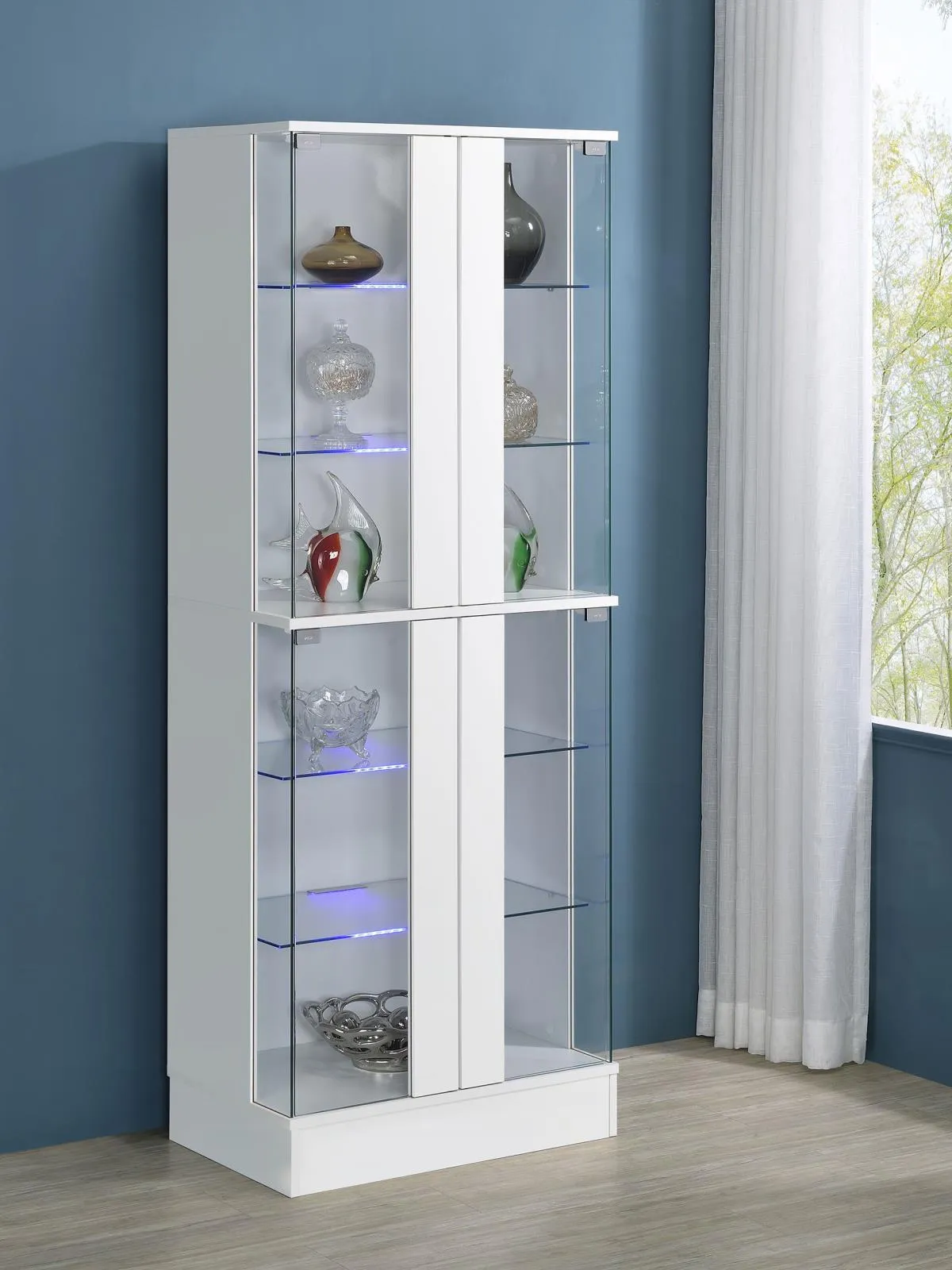 Cabra Display Case Curio Cabinet with Glass Shelves and LED Lighting White High Gloss - Image 2