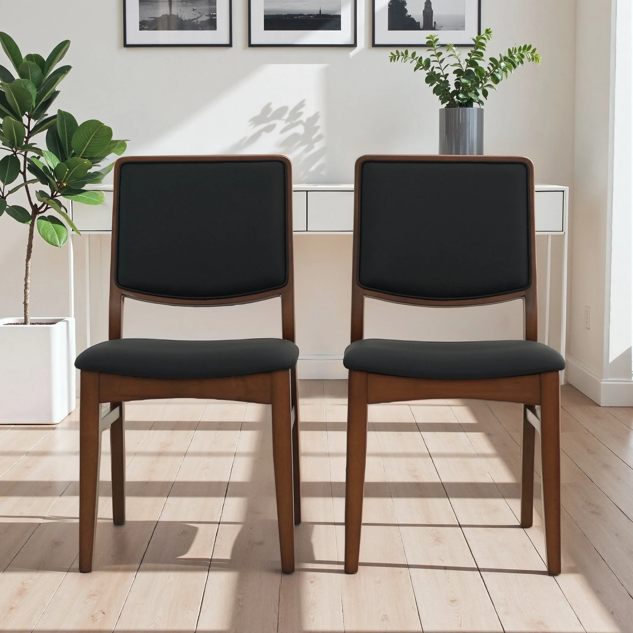Cary Walnut Finished Solid Wood and Easy Clean Vegan Leather Upholstered Dining Chairs (Set of 2) - Image 2