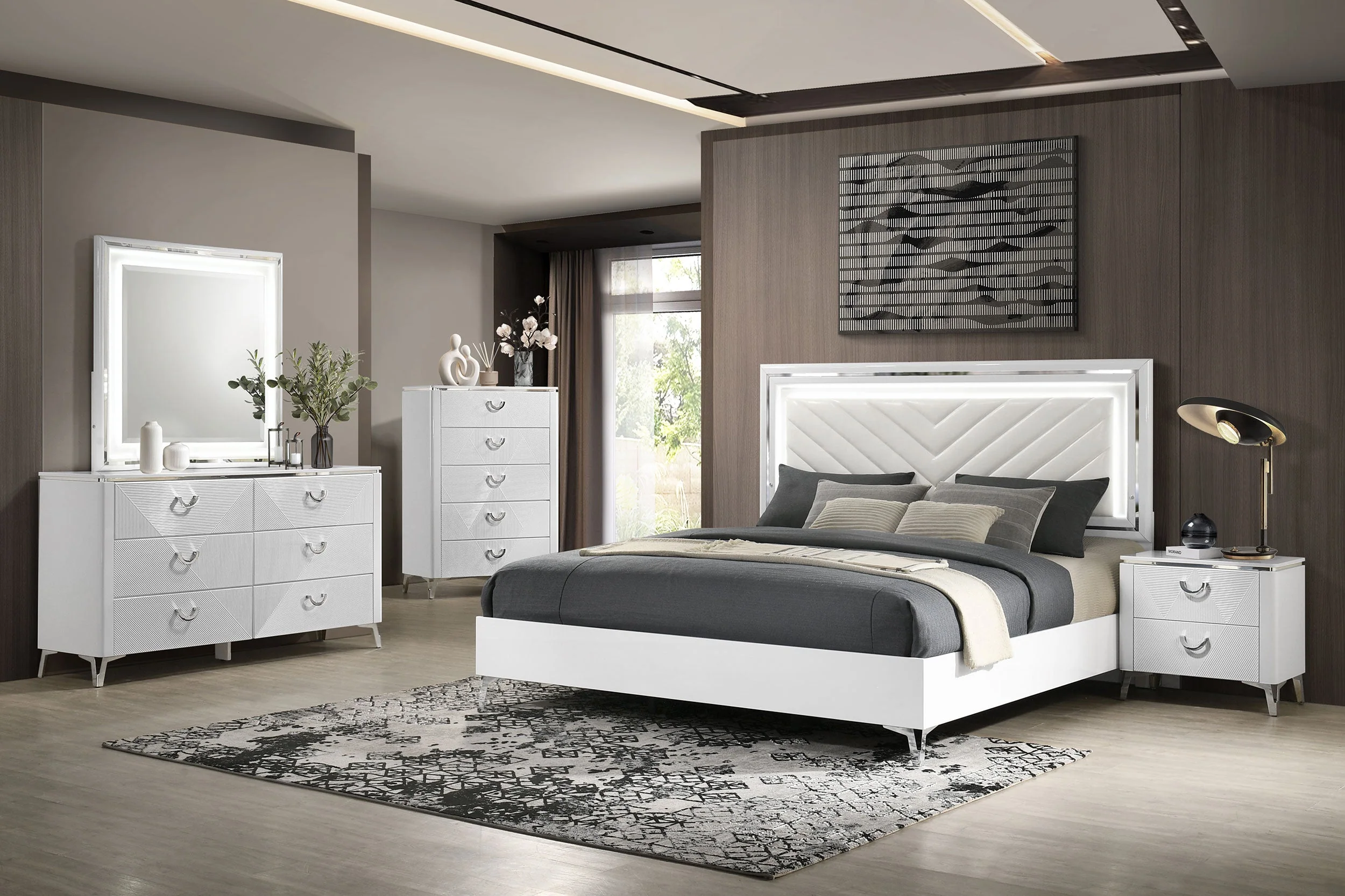 Cassia White High Gloss Queen LED Panel Bed - Image 12