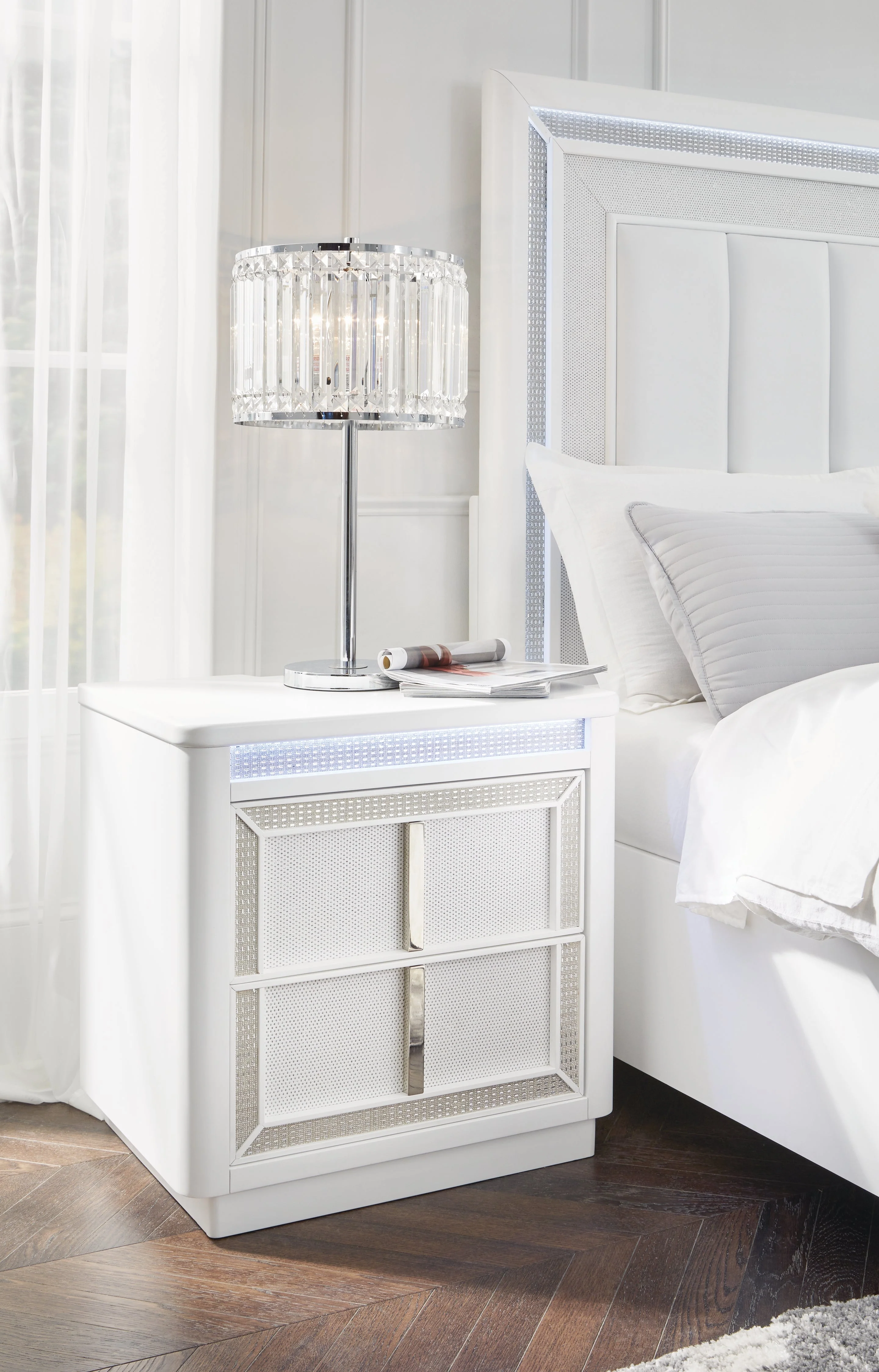 Chalanna White LED Upholstered Storage Platform Bedroom Set - Image 13