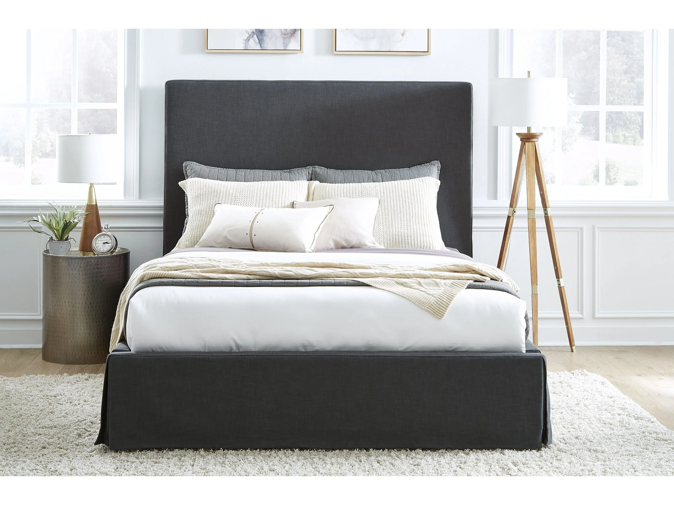 Cheviot California King Upholstered Skirted Storage Panel Bed in Iron