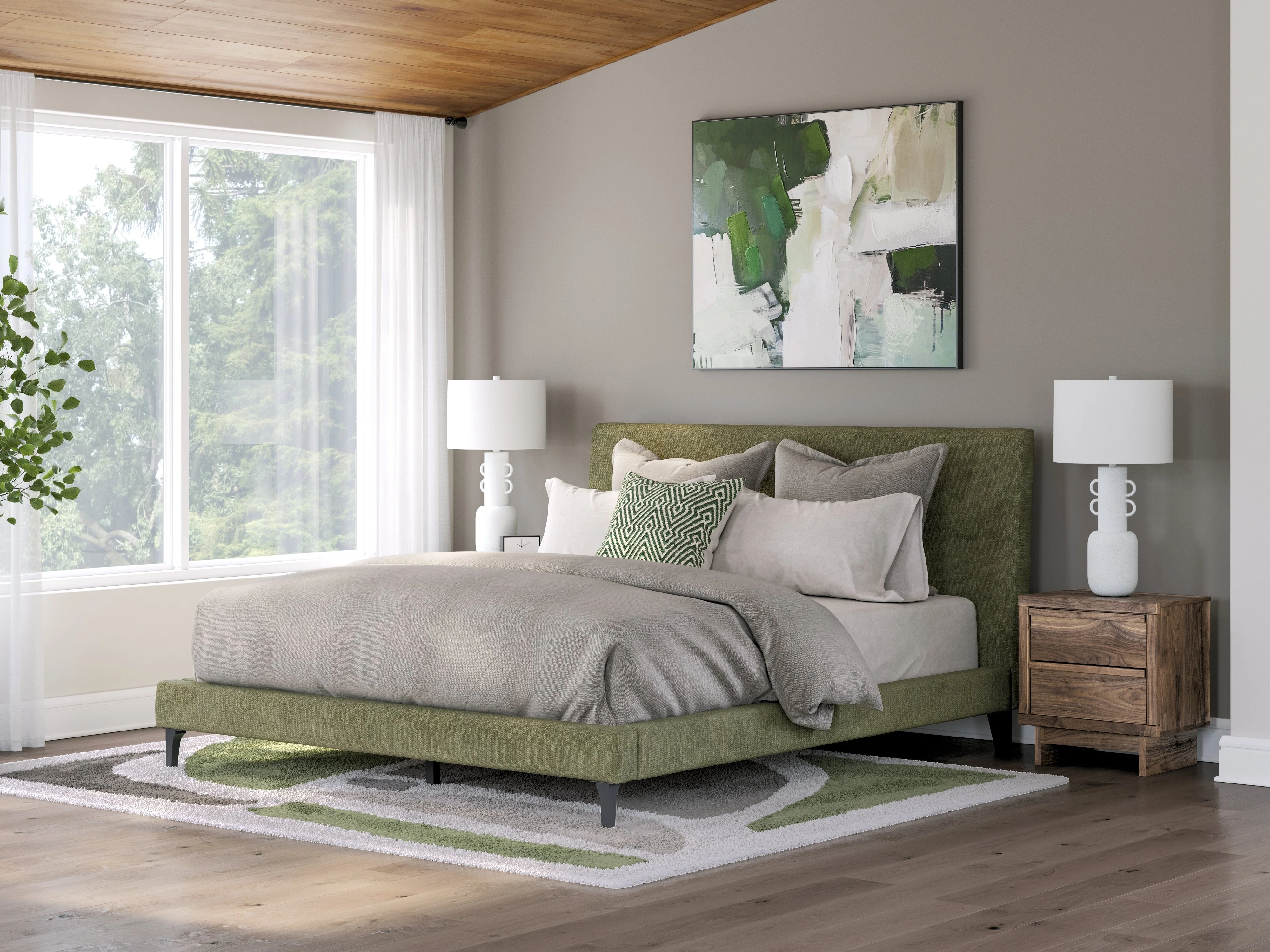 Chirason Sage Green California King Upholstered Bed with Roll Slats