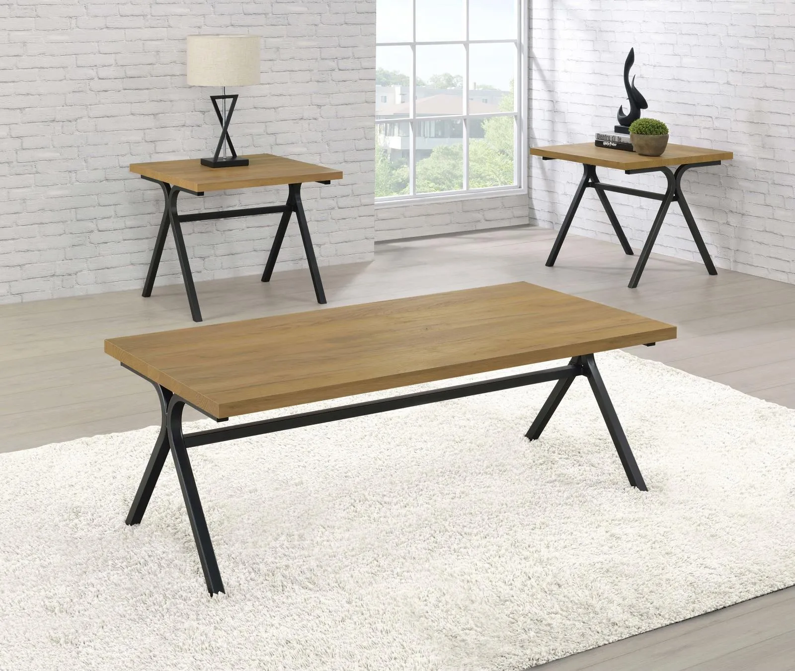 Colmar Golden Oak/Gunmetal 3-Piece Trestle Occasional Table Set