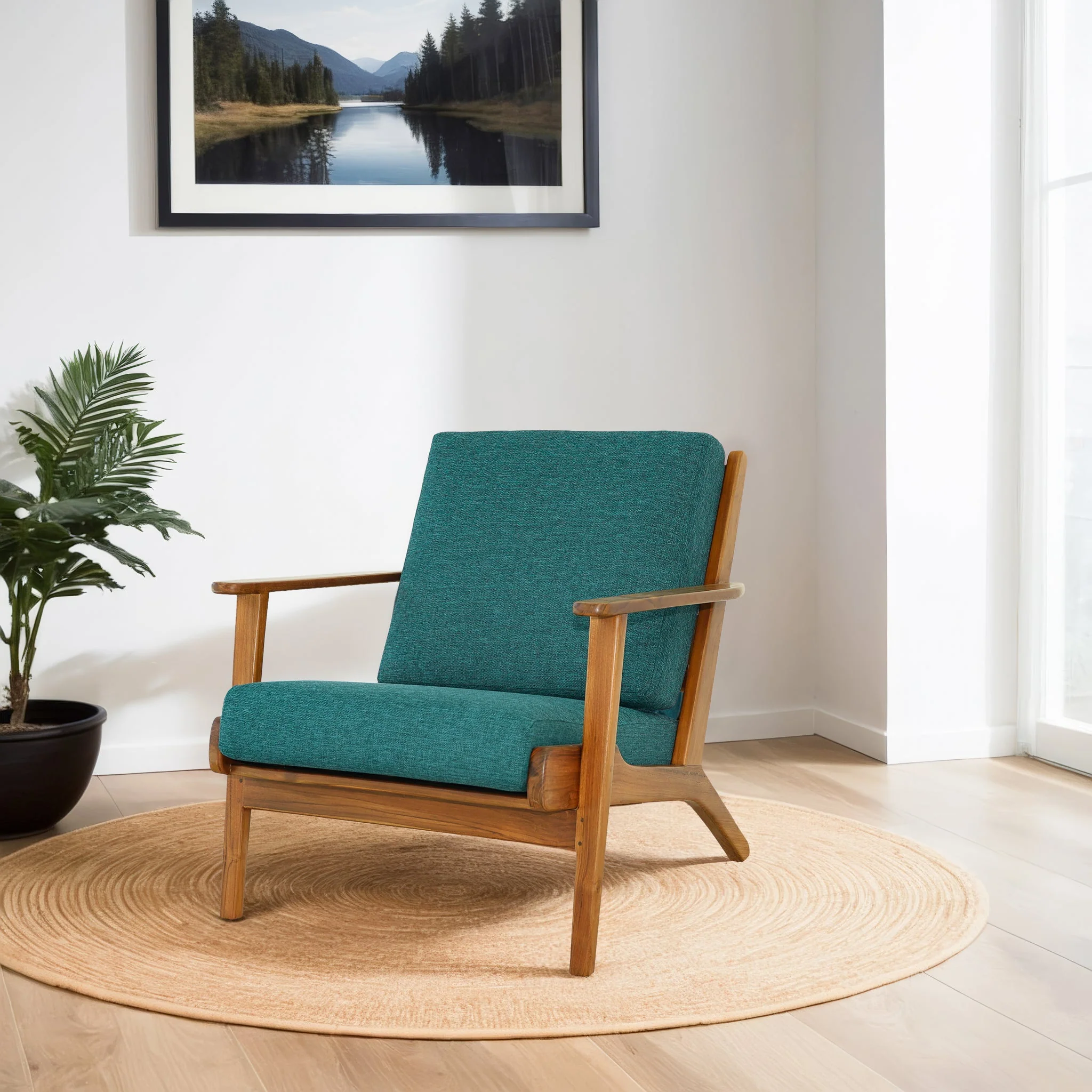 Connor Solid Wood Linen Lounge Chair - Teal - Image 4
