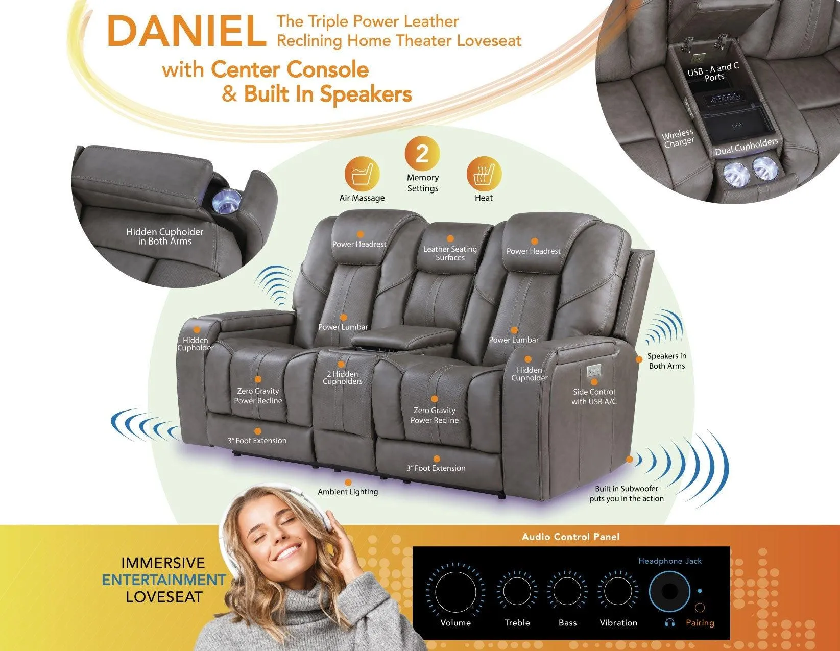 Daniel Triple Power Home Theater Leather Reclining Console Loveseat, Built-in Speakers, Heat and Massage - Image 15