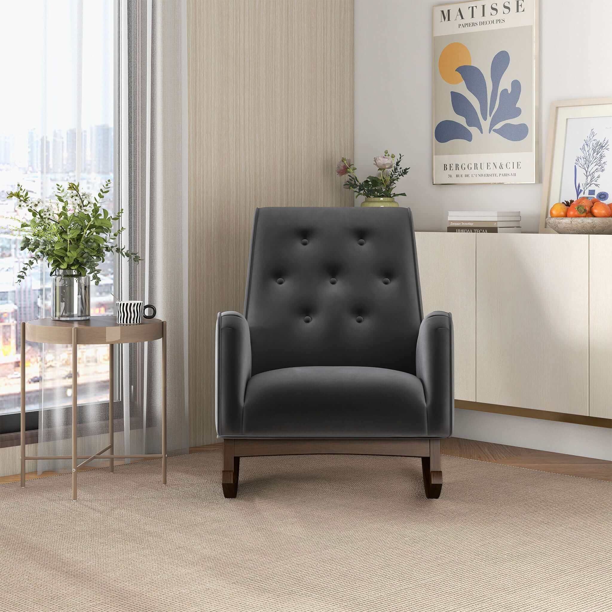 Demetrius  Dark Grey Fabric Solid Wood Rocking Chair - Image 8