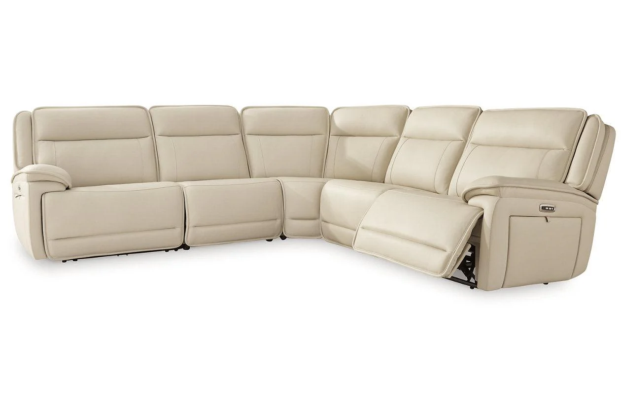 Double Deal Almond 5-Piece Dual Power Leather Reclining Modular Sectional - Image 6