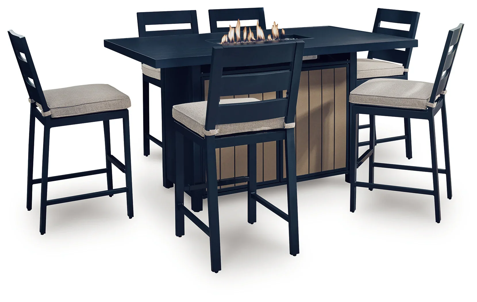 East Beach Navy Blue/Driftwood Outdoor Fire Pit Table and 6 Barstools
