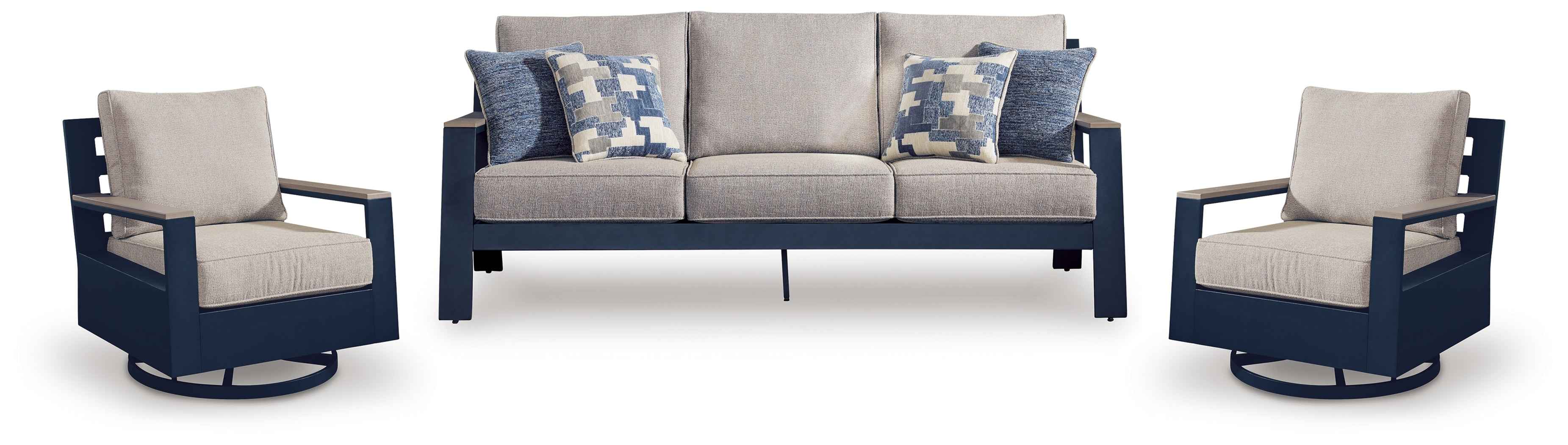 East Beach Navy Blue/Driftwood Outdoor Sofa with 2 Swivel Glider Chairs