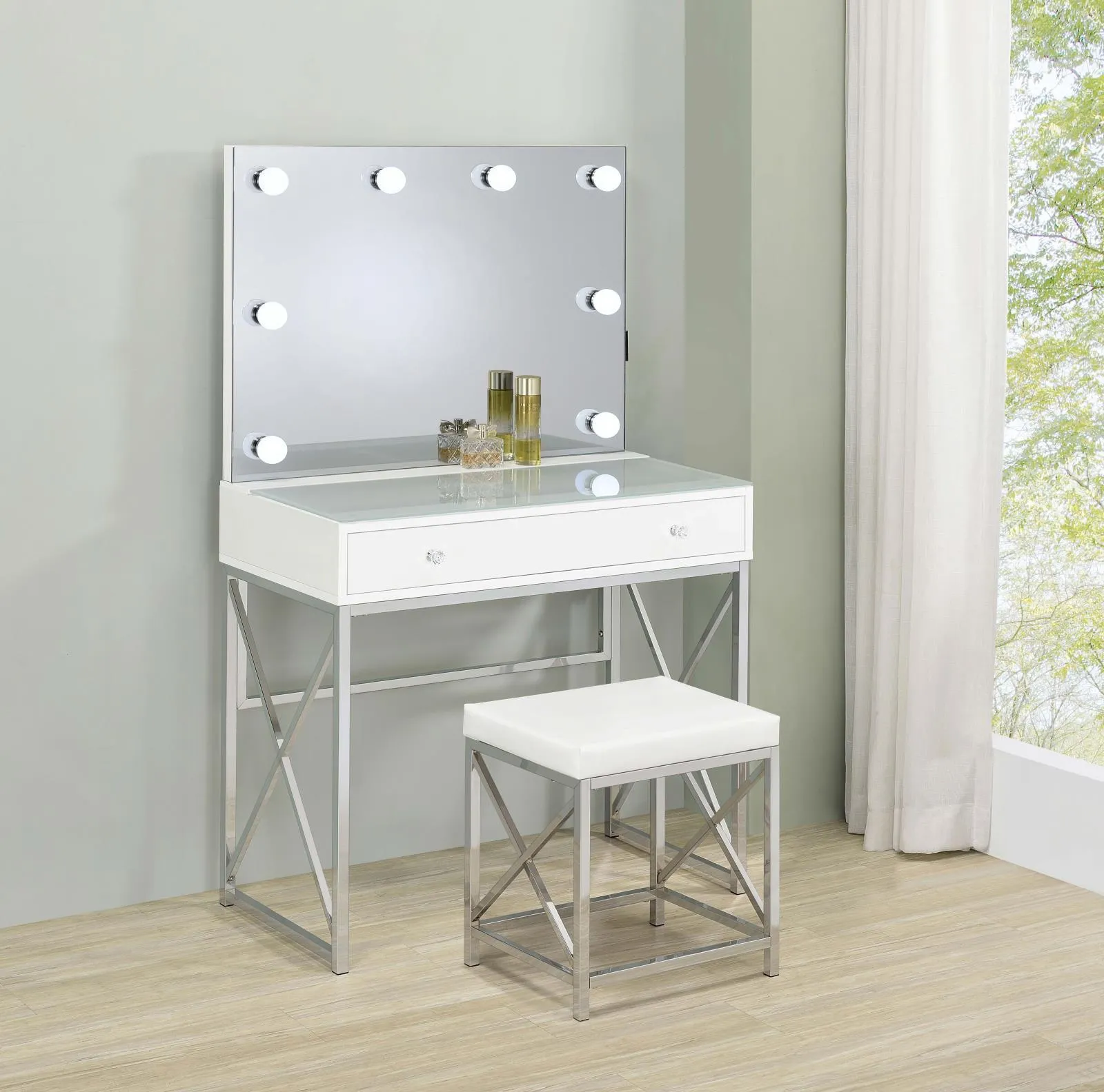 Eliza White and Chrome 2-piece Vanity Set with Hollywood Lighting