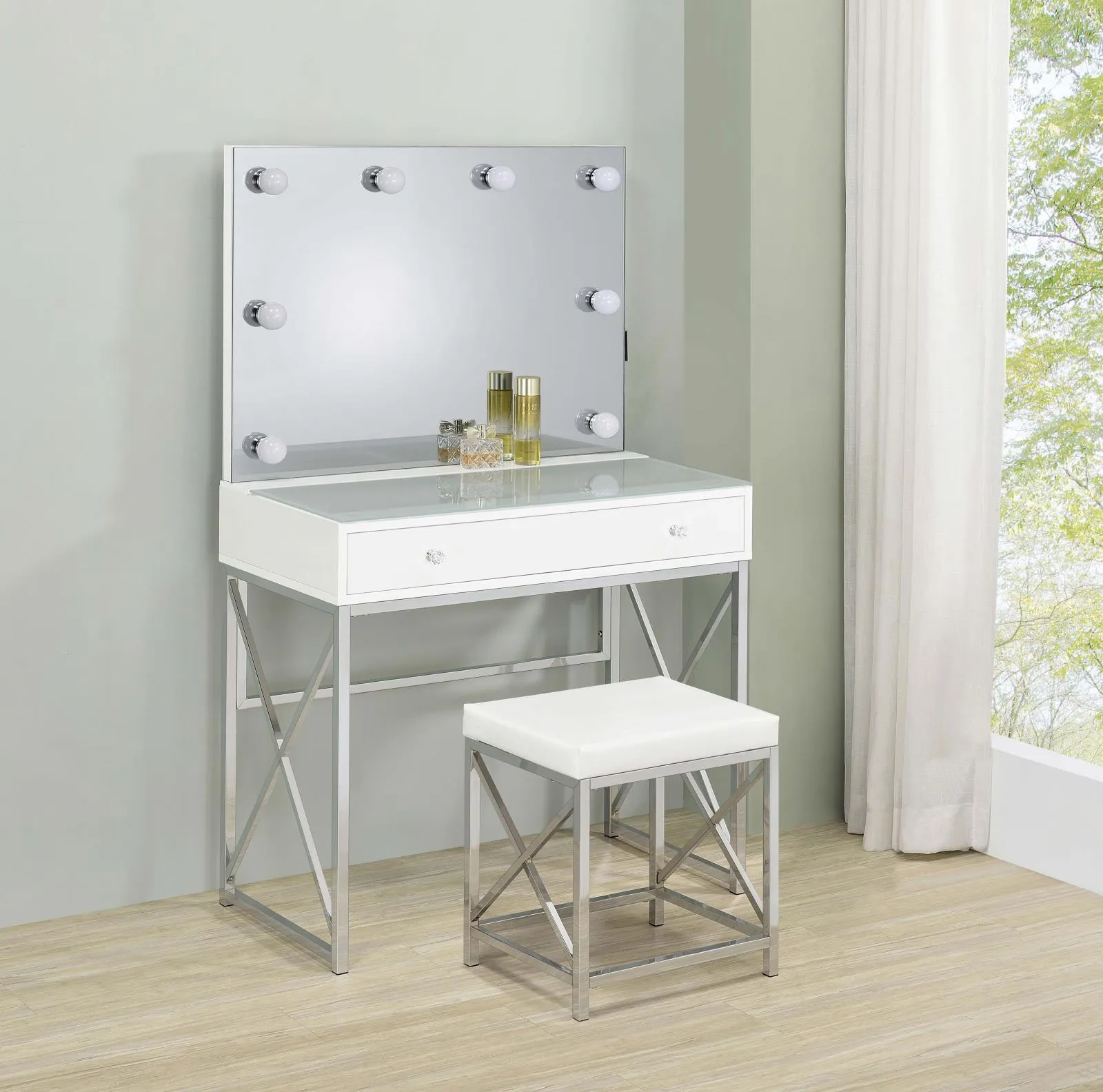 Eliza White and Chrome 2-piece Vanity Set with Hollywood Lighting - Image 17