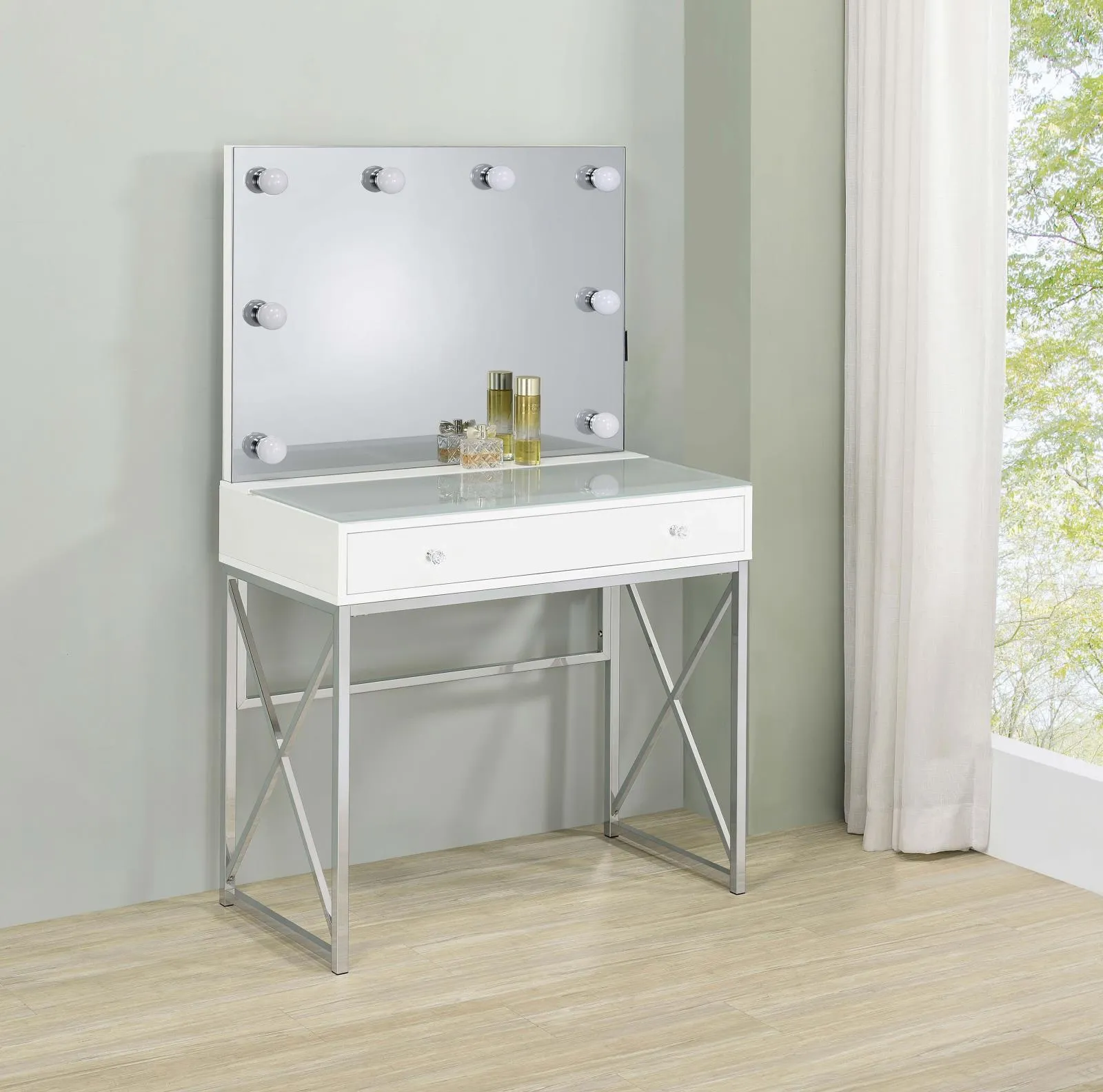 Eliza White and Chrome 2-piece Vanity Set with Hollywood Lighting - Image 2