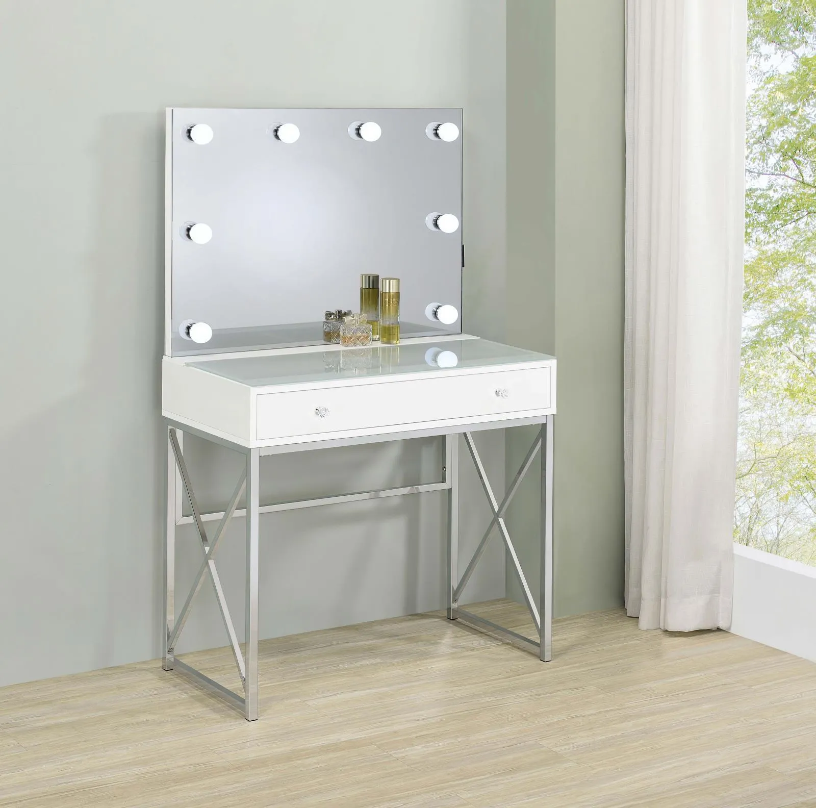 Eliza White and Chrome 2-piece Vanity Set with Hollywood Lighting - Image 3