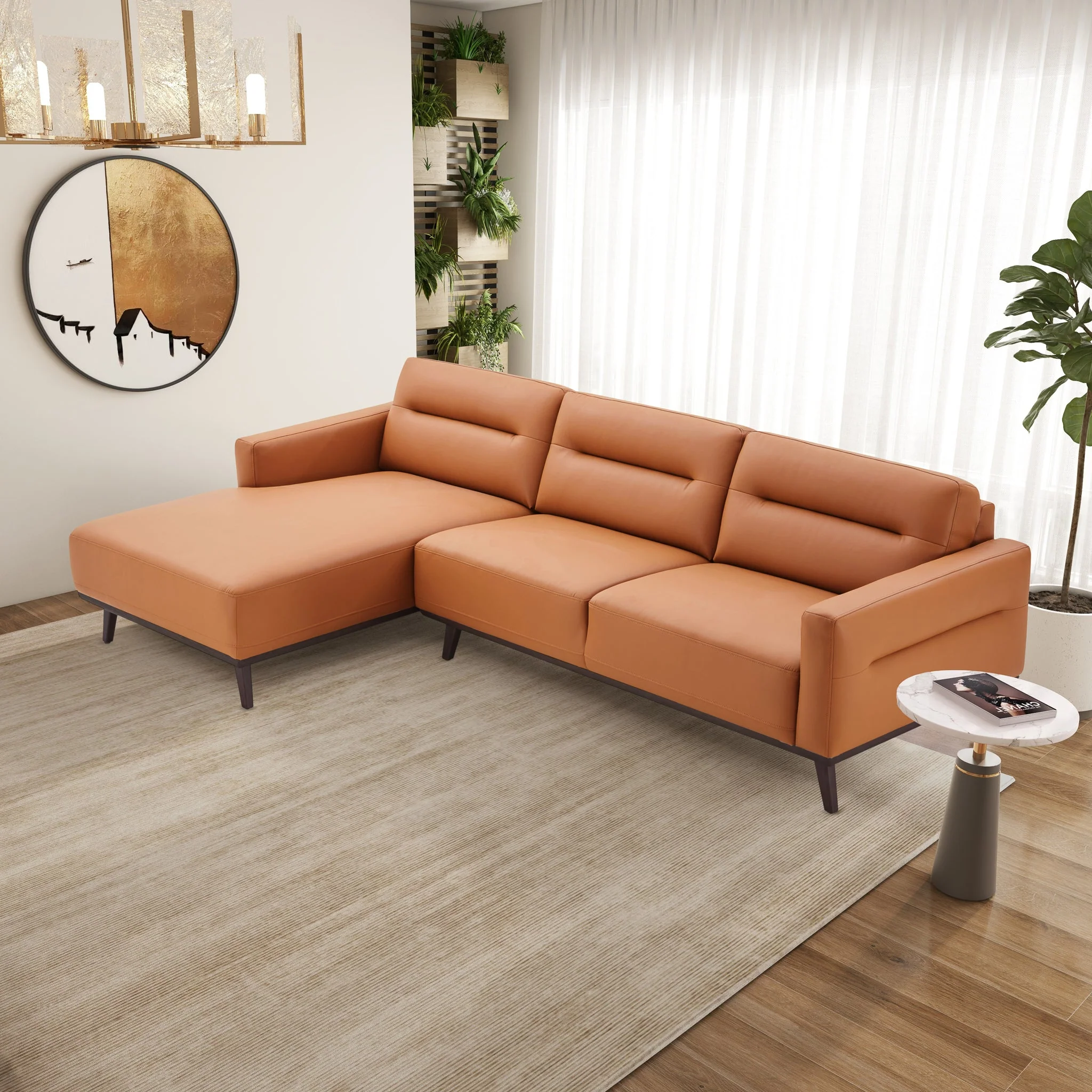 Ella L-Shaped Cognac PU Leather Left Sectional Couch - Image 4